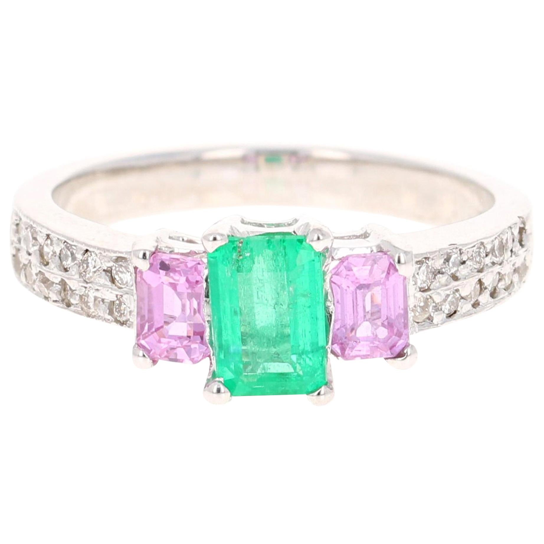 1.54 Carat Emerald Pink Sapphire Diamond 14 Karat White Gold Three-Stone Ring