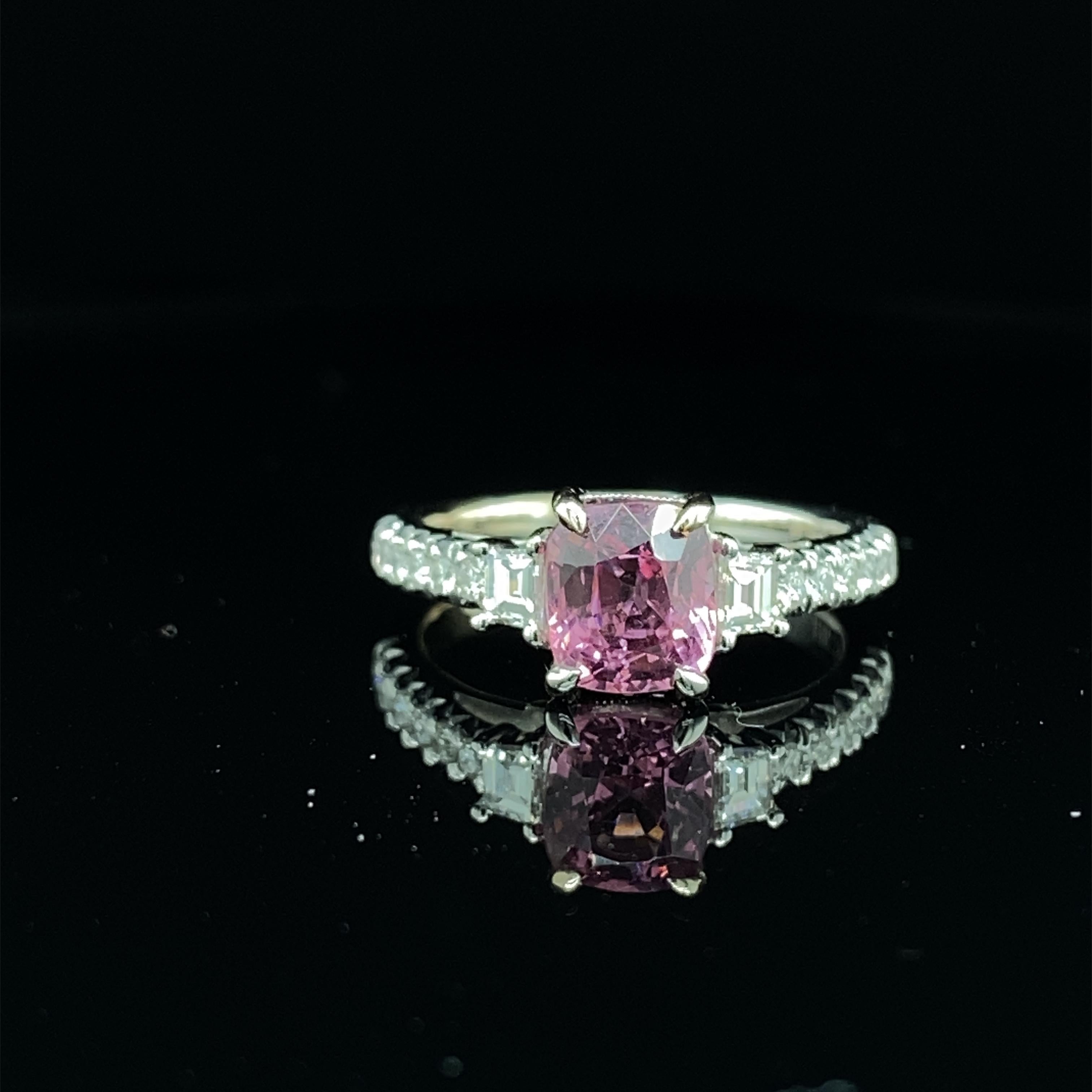 1.54 Carat GRS Certified Burma No Heat Pink Spinel and White Diamond Gold Ring:

A cute ring, it features a GRS certified natural cushion-cut Burmese unheated pink spinel weighing 1.54 carat, flanked by a pair of white trapezoid-cut diamonds as well