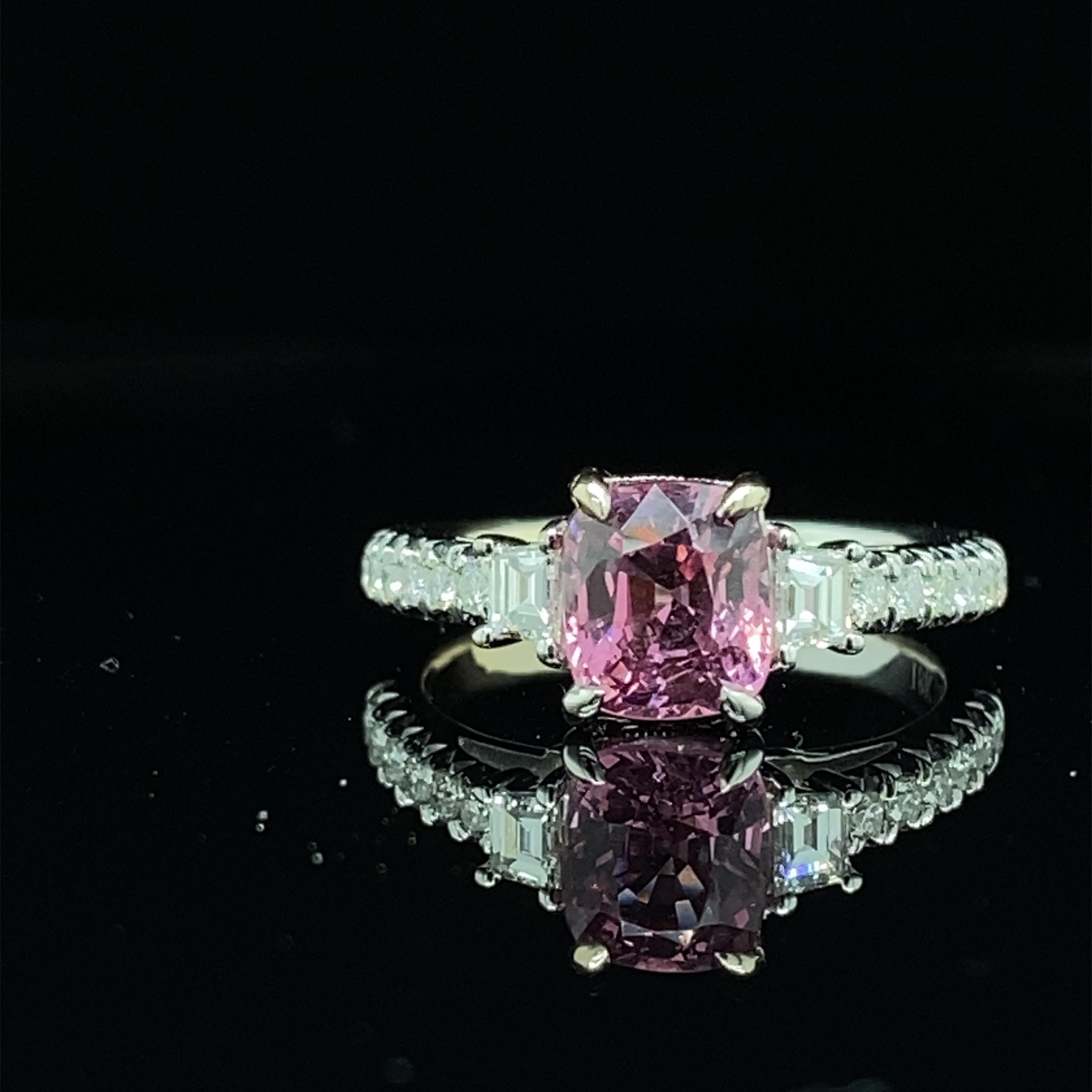 Cushion Cut 1.54 Carat GRS Certified Burma No Heat Pink Spinel and White Diamond Gold Ring For Sale