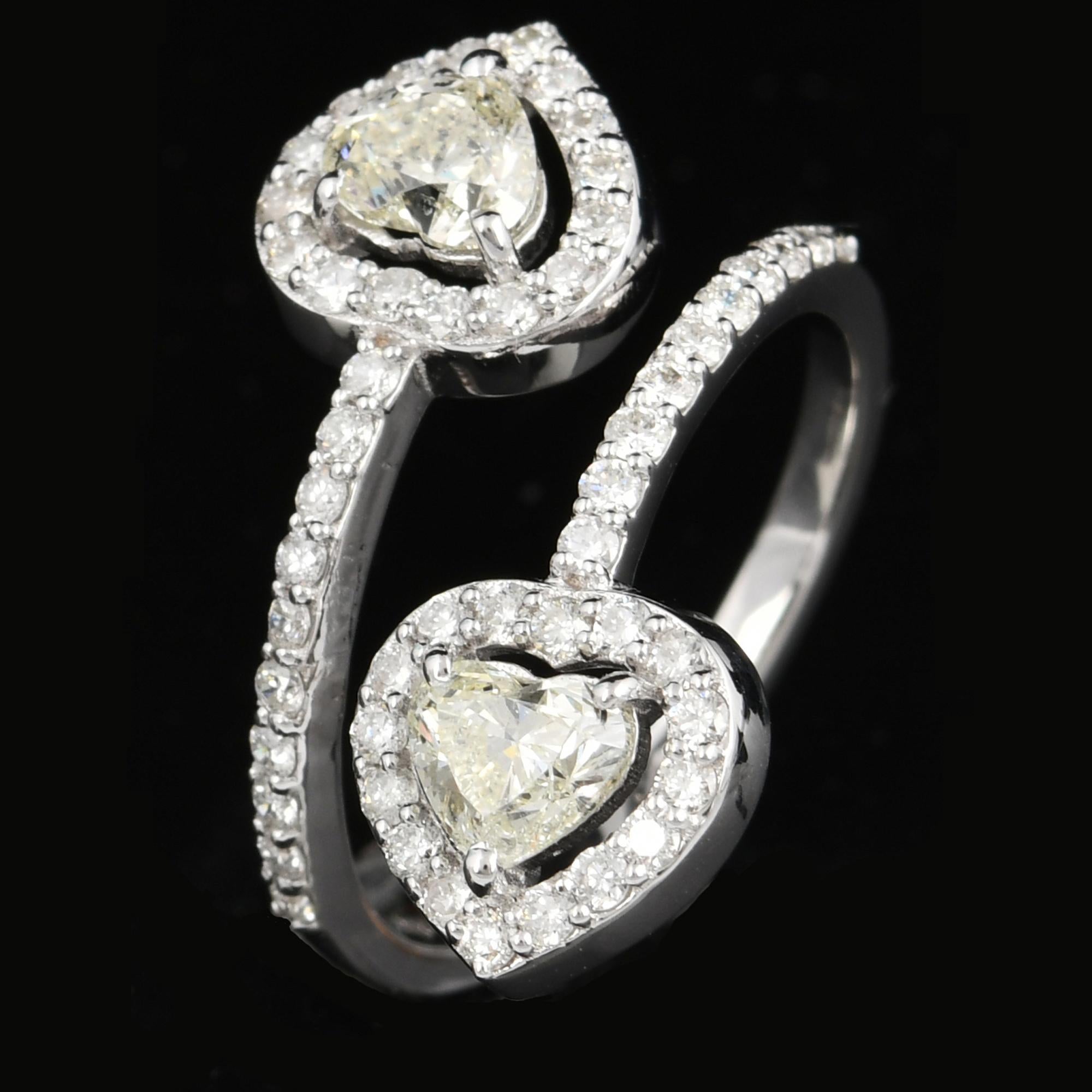 Women's 1.54 Carat Heart & Round Diamond Wrap Ring 18 Karat White Gold Handmade Jewelry For Sale