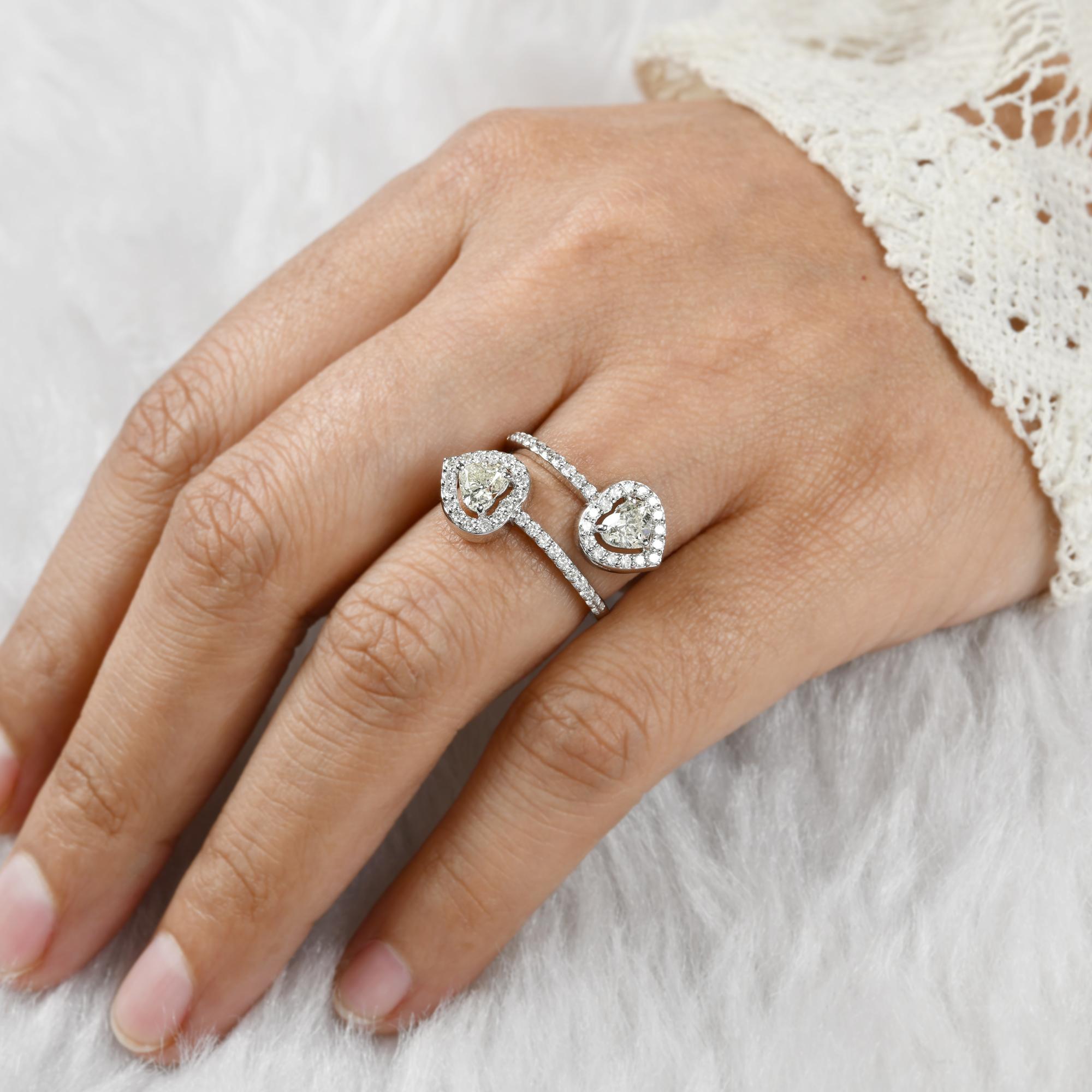 1.54 Carat Heart & Round Diamond Wrap Ring 18 Karat White Gold Handmade Jewelry For Sale 1