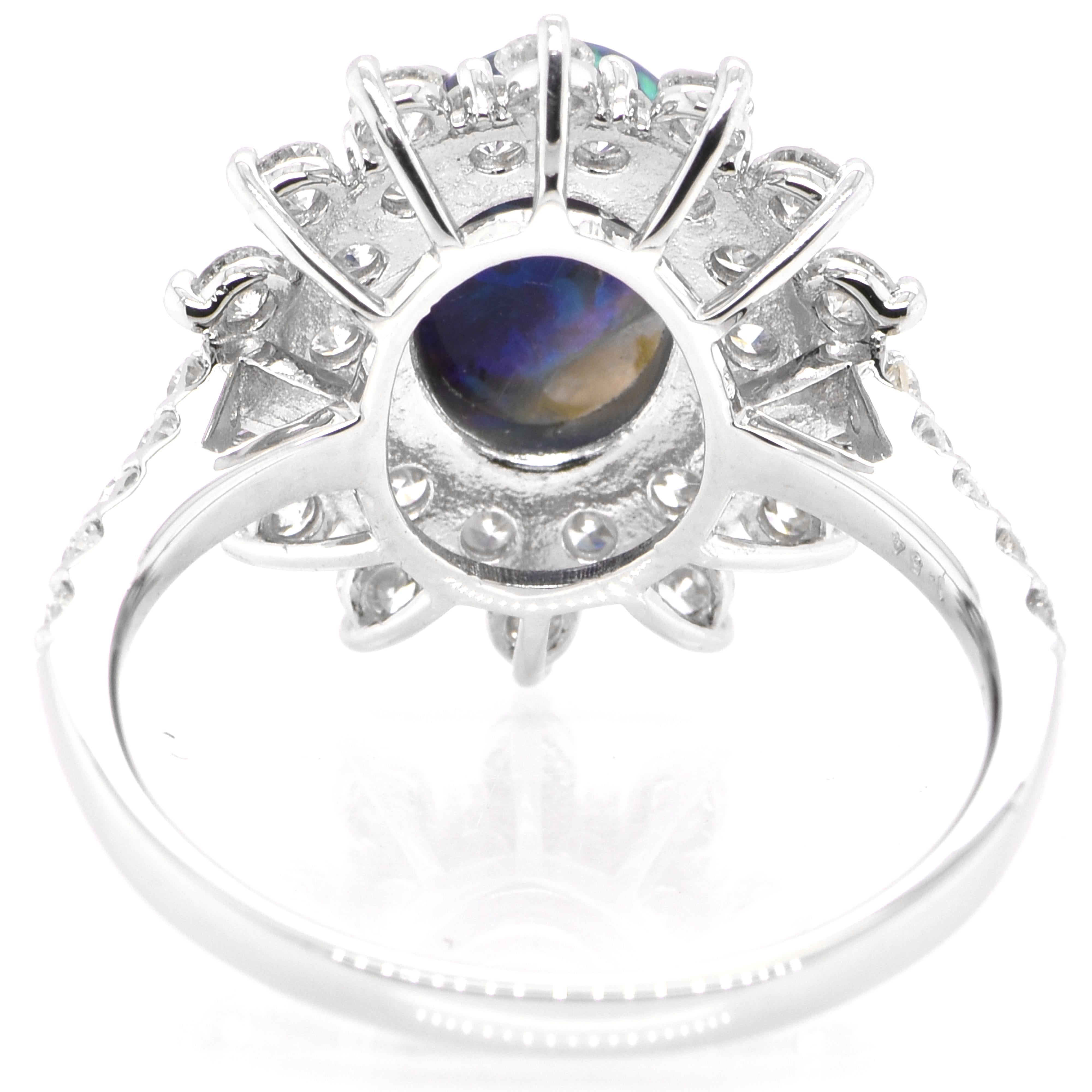 Women's 1.54 Carat Lighting Ridge Black Opal & Diamond Halo Ring Set in Platinum For Sale