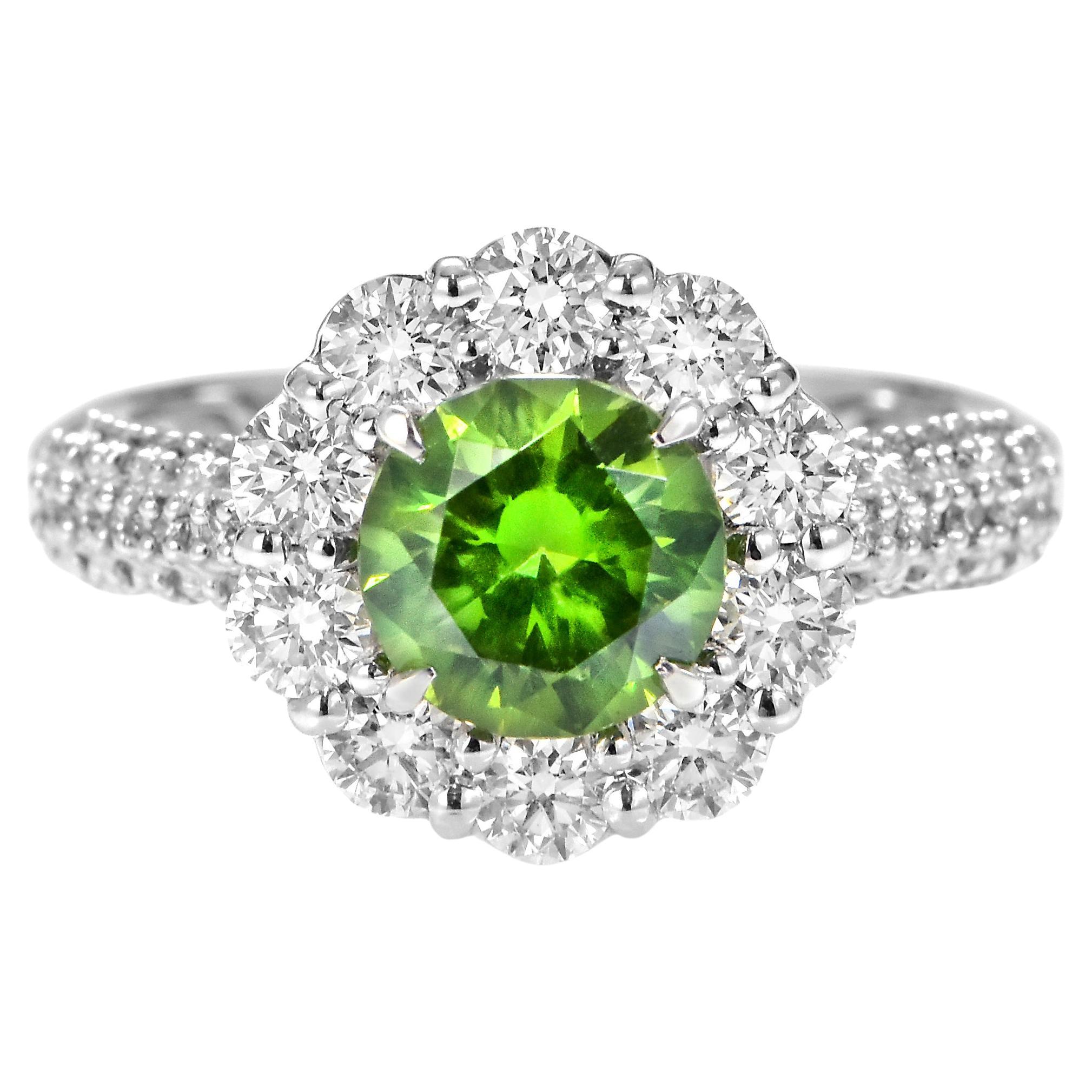 1.54 Carat Natural Demantoid Garnet and Diamond Halo Set Ring Made in Platinum