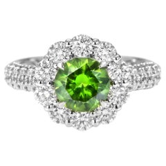 1.54 Carat Natural Demantoid Garnet and Diamond Halo Set Ring Made in Platinum