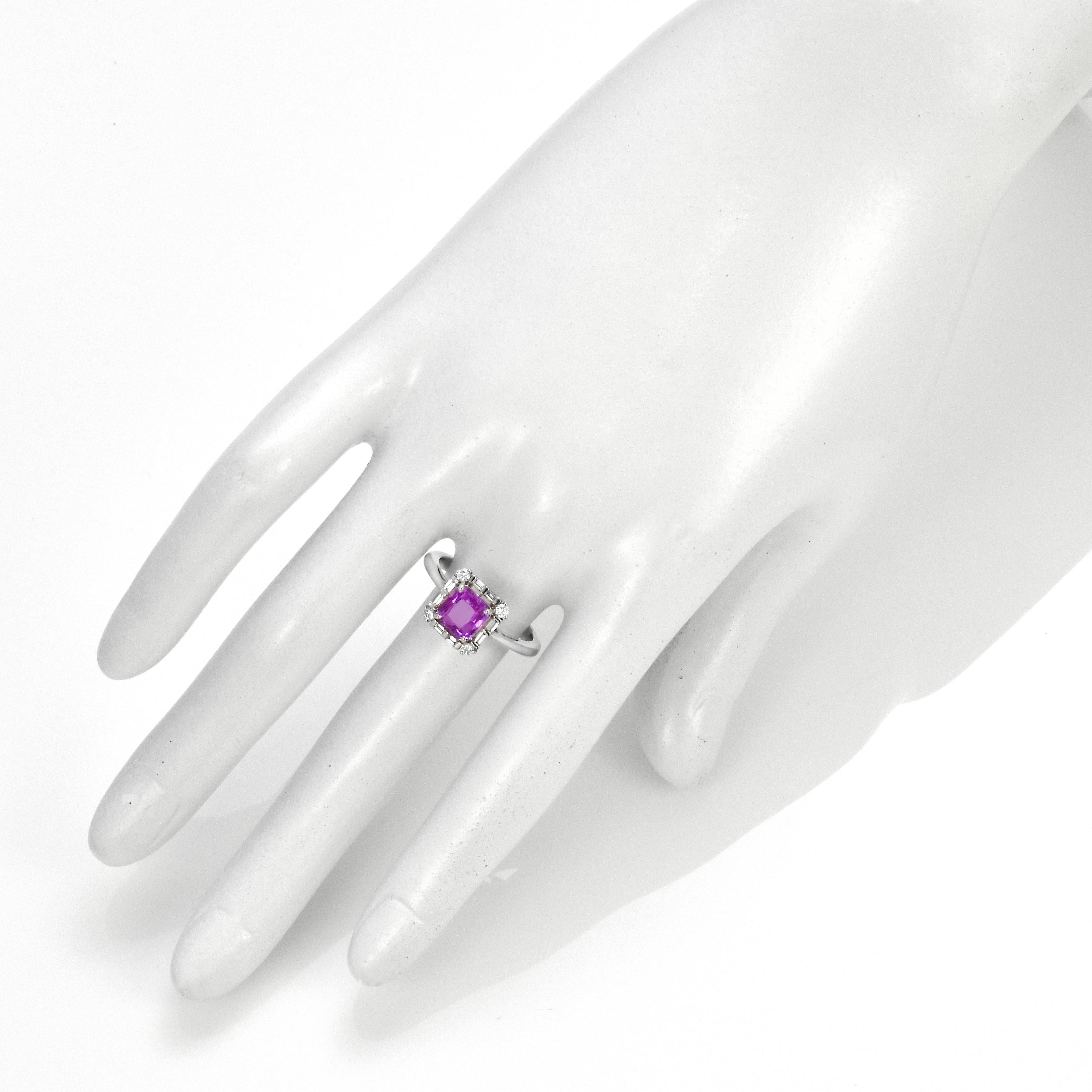 Octagon Cut 1.54 Carat Natural Pink Sapphire and Diamond Ring Made in 18K White Gold