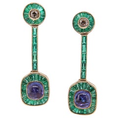 1.54 Carat Old Cut Diamond and 14.33 Carat Tanzanite 18 Karat Gold Earring