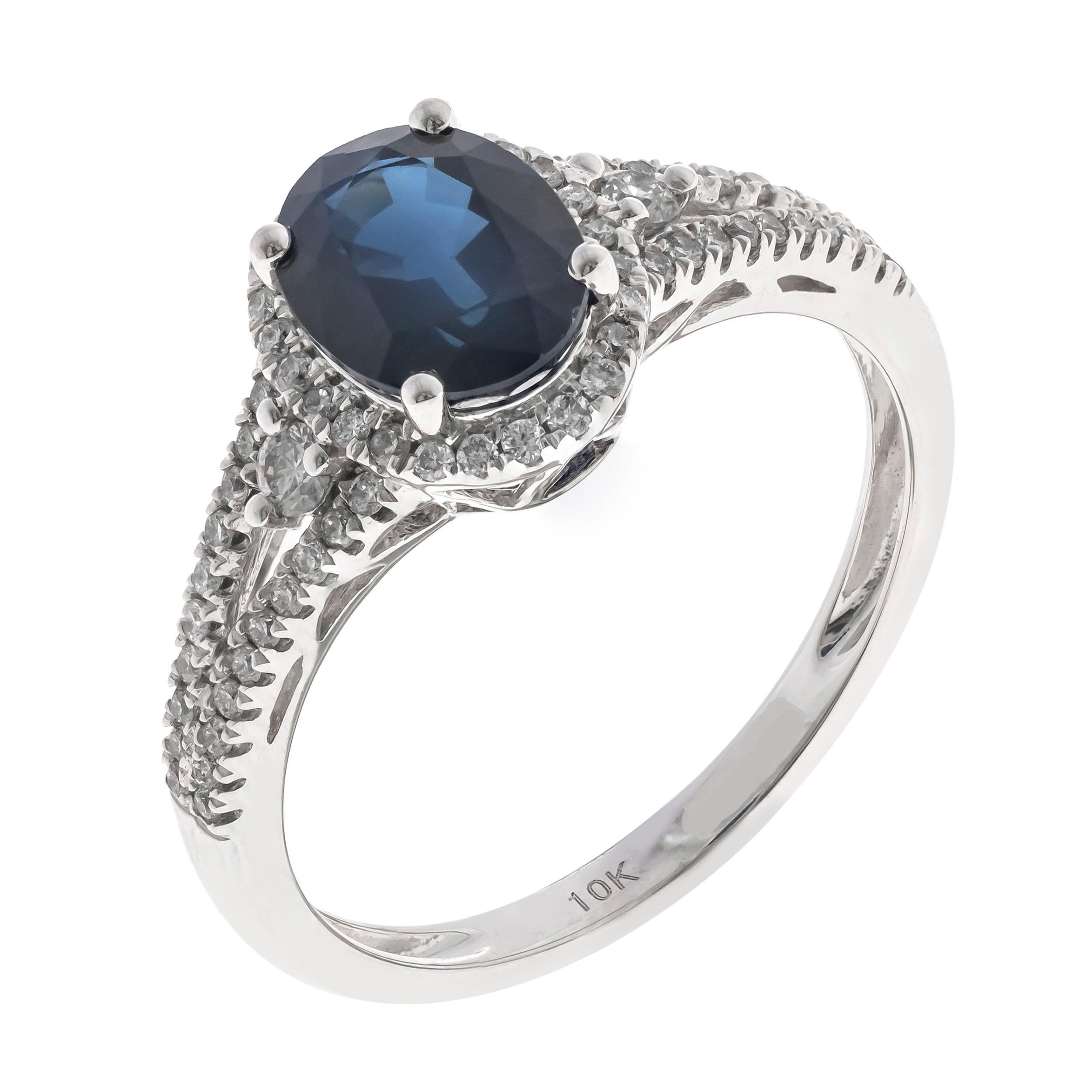 Art Deco 1.54 Carat Oval-Cut Blue Sapphire Diamond Accents 10K White Gold Ring For Sale