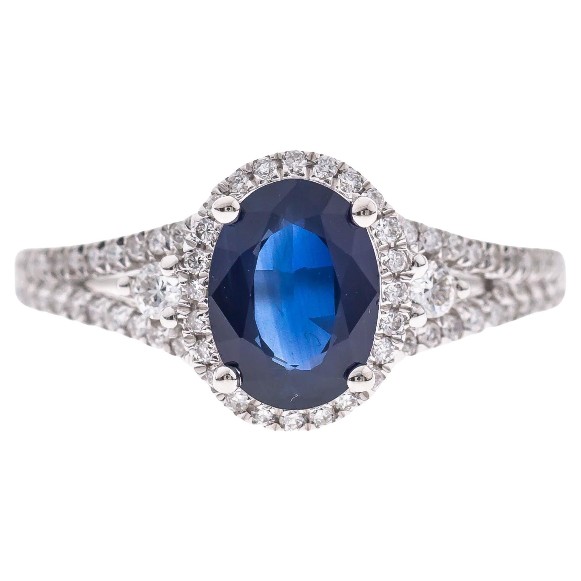 1.54 Carat Oval-Cut Blue Sapphire Diamond Accents 10K White Gold Ring For Sale
