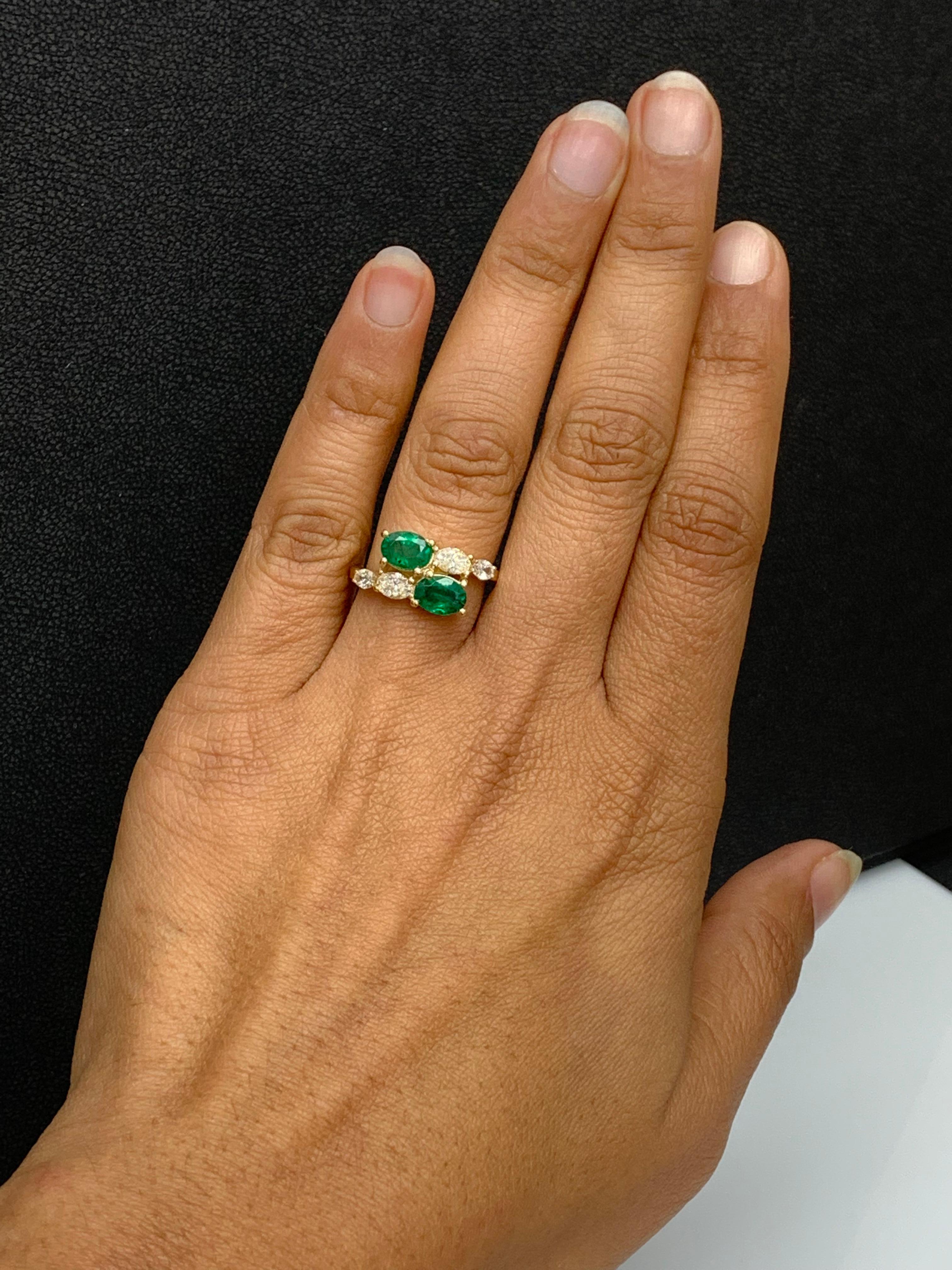 1.54 Carat Oval Cut Emerald Diamond Toi Et Moi Engagement Ring 14K Yellow Gold For Sale 6