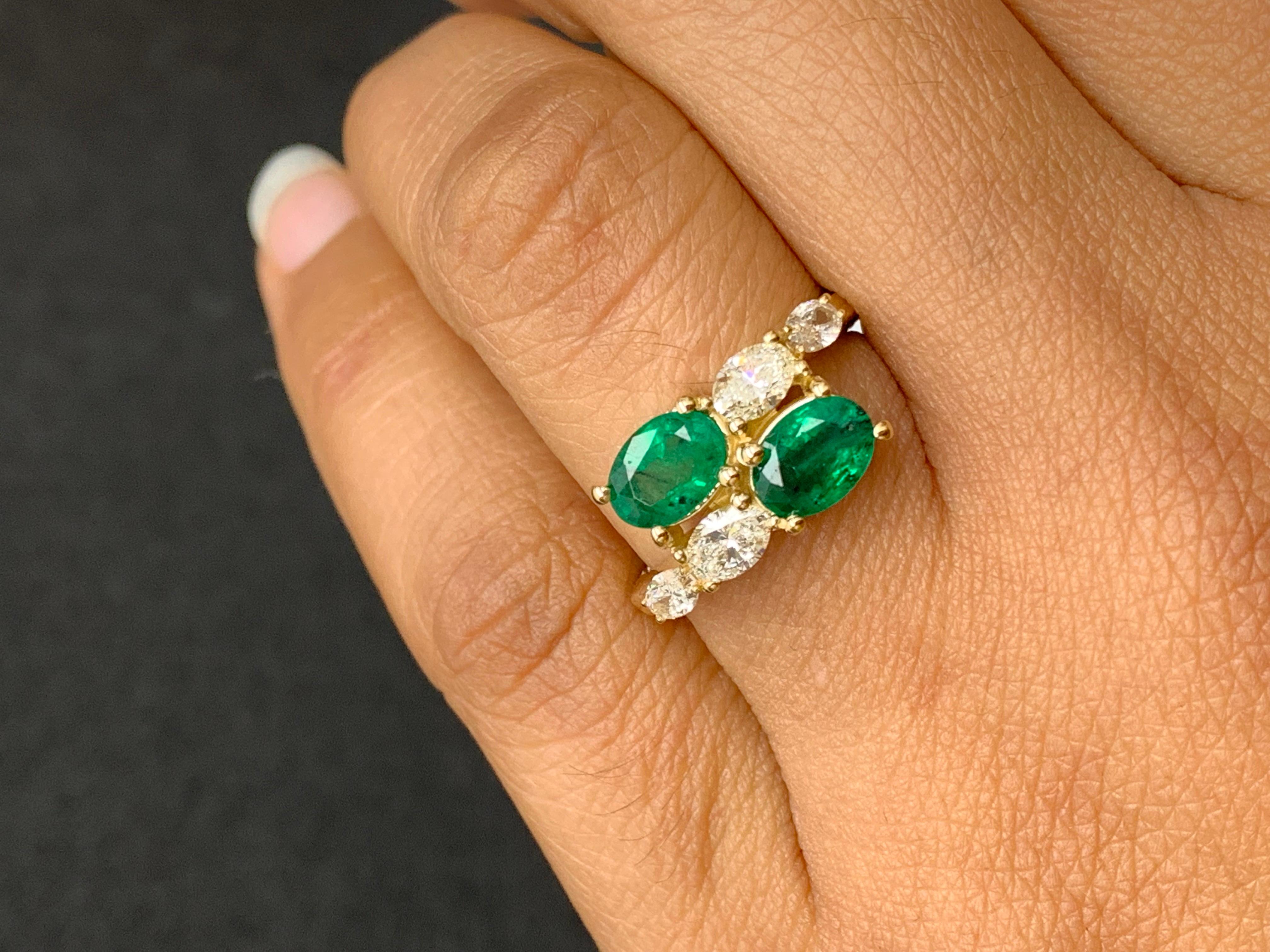 Modern 1.54 Carat Oval Cut Emerald Diamond Toi Et Moi Engagement Ring 14K Yellow Gold For Sale