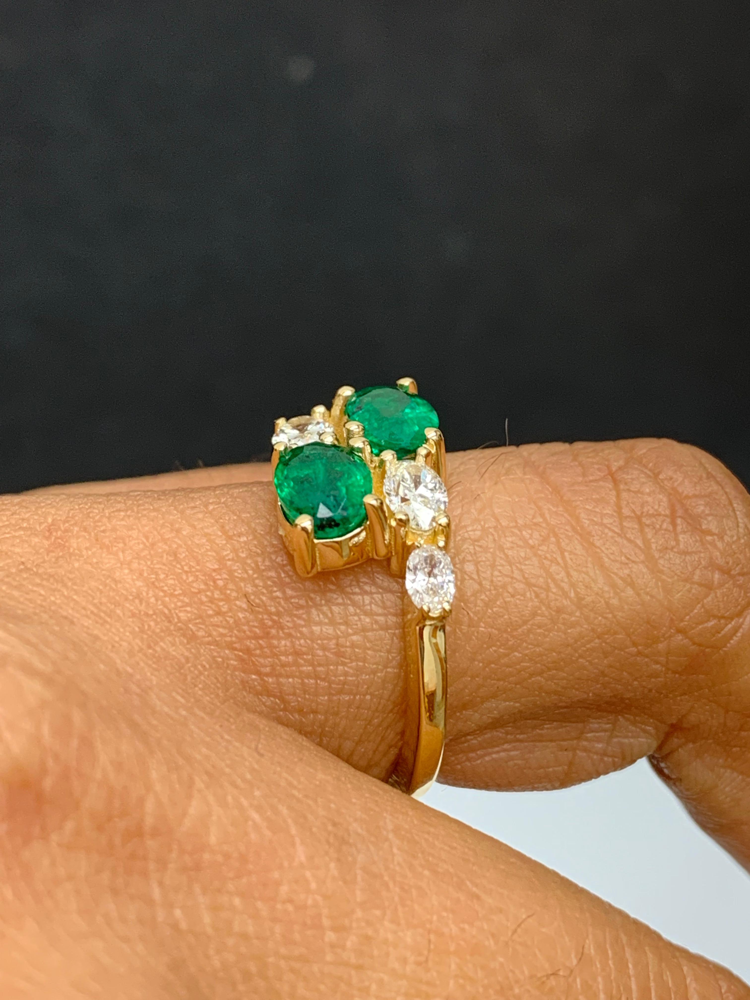 Women's 1.54 Carat Oval Cut Emerald Diamond Toi Et Moi Engagement Ring 14K Yellow Gold For Sale
