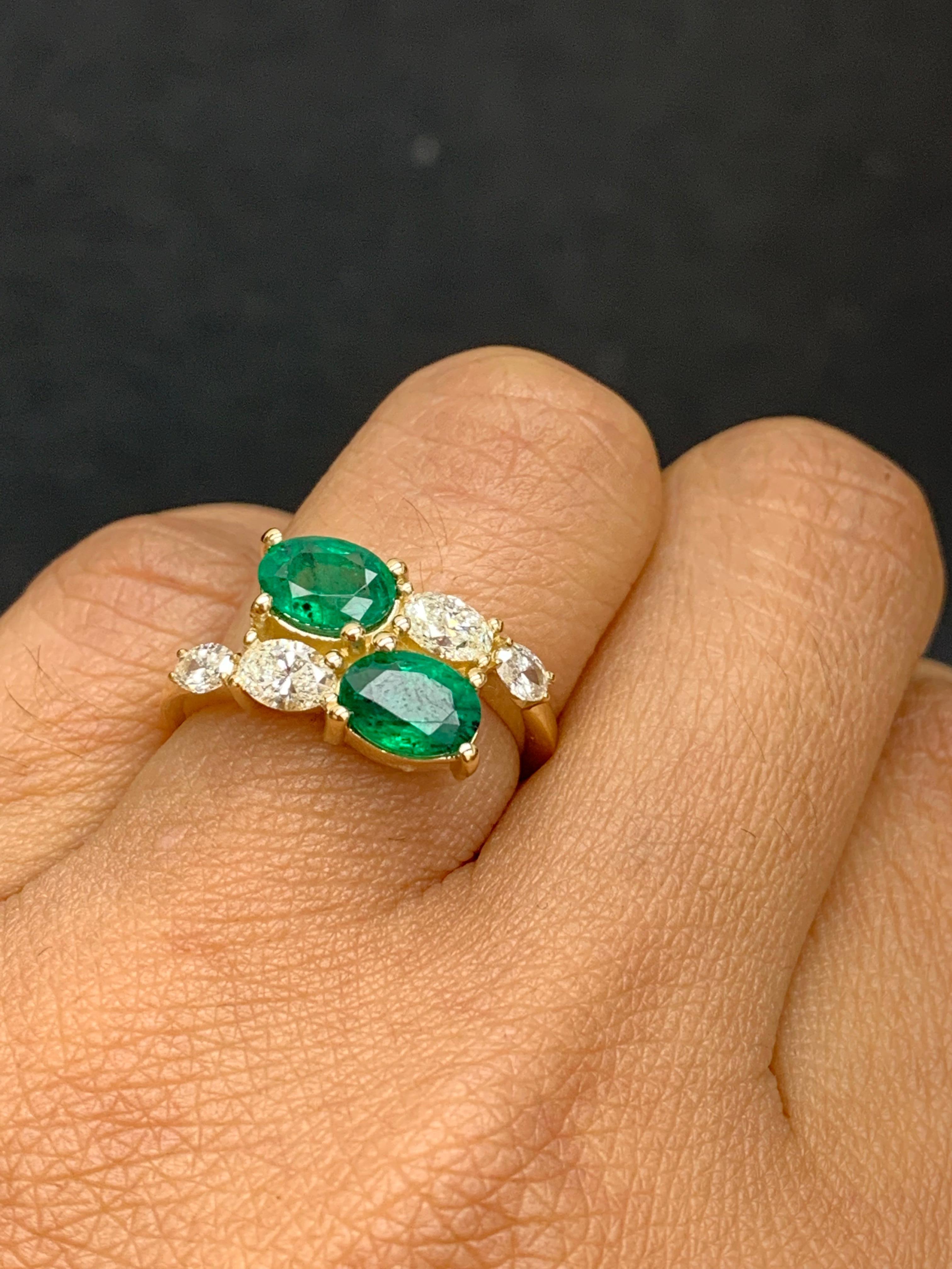 1.54 Carat Oval Cut Emerald Diamond Toi Et Moi Engagement Ring 14K Yellow Gold For Sale 2
