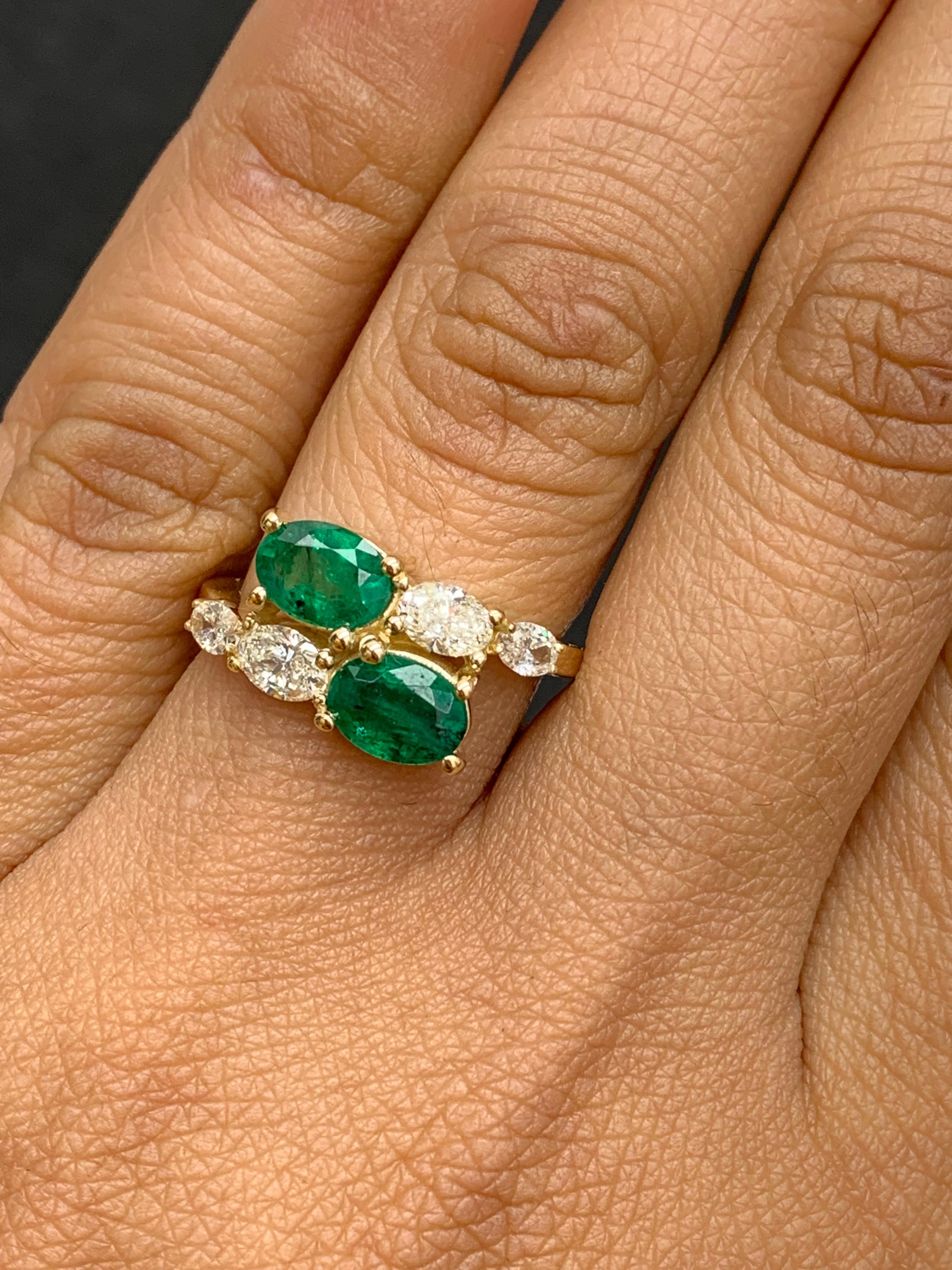 1.54 Carat Oval Cut Emerald Diamond Toi Et Moi Engagement Ring 14K Yellow Gold For Sale 3