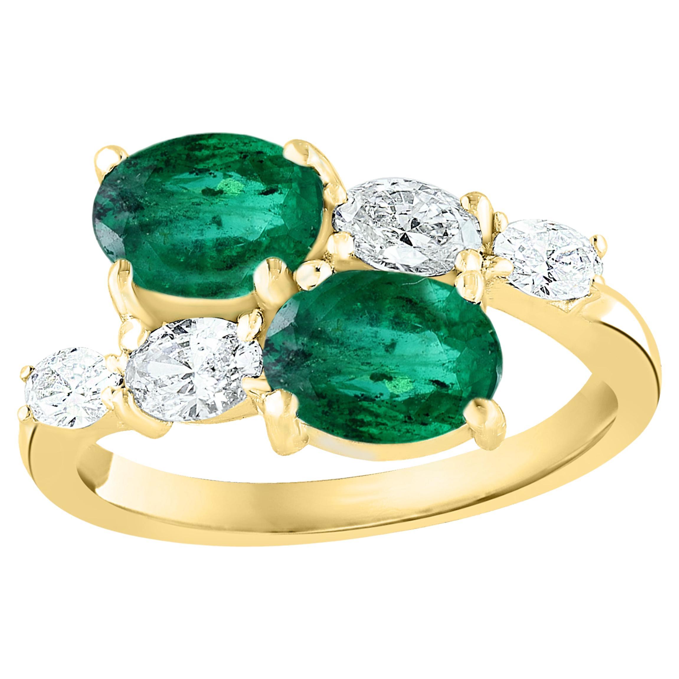 1.54 Carat Oval Cut Emerald Diamond Toi Et Moi Engagement Ring 14K Yellow Gold For Sale