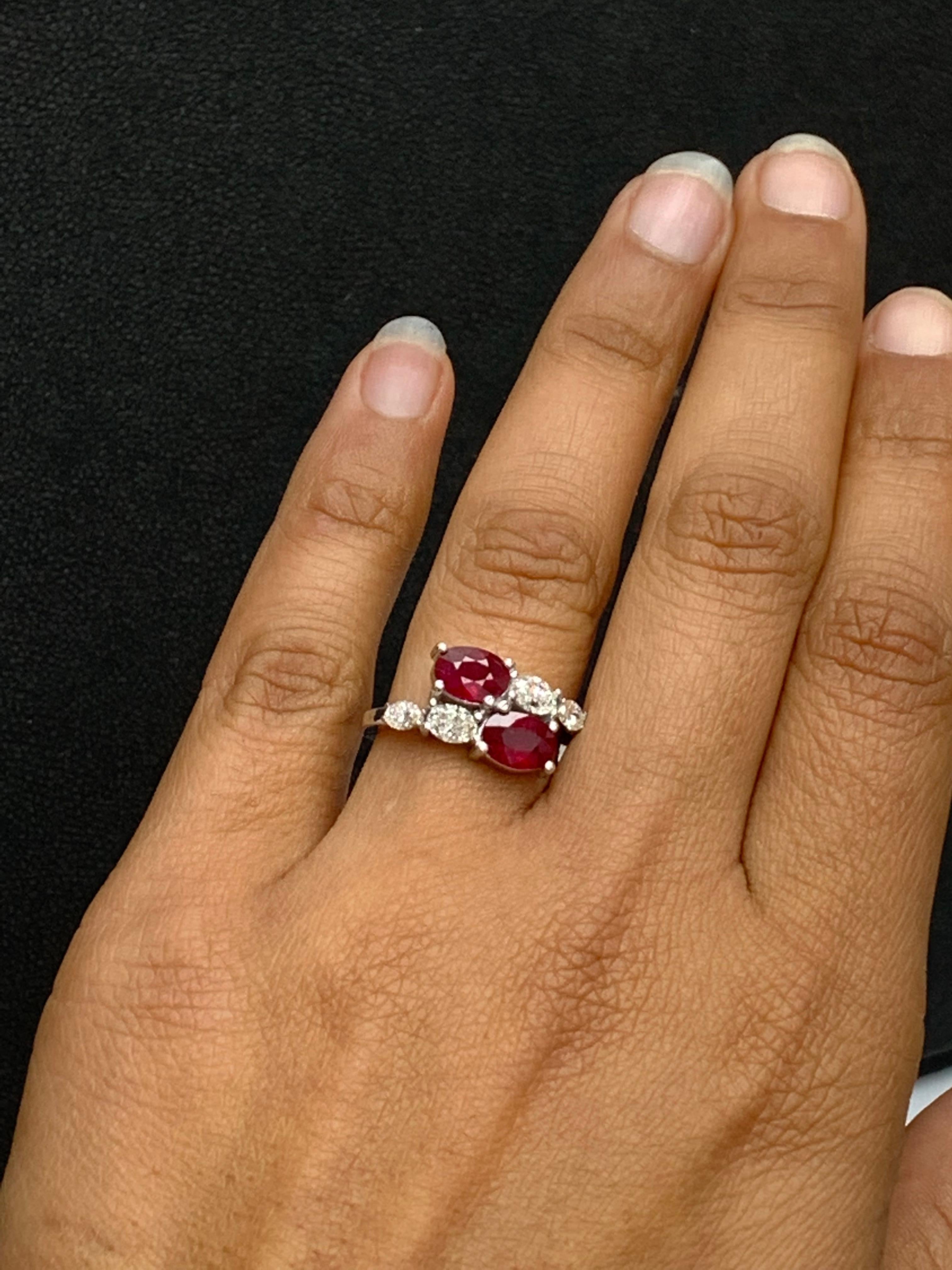 1.54 Carat Oval Cut Ruby Diamond Toi Et Moi Engagement Ring in 14K White Gold For Sale 2