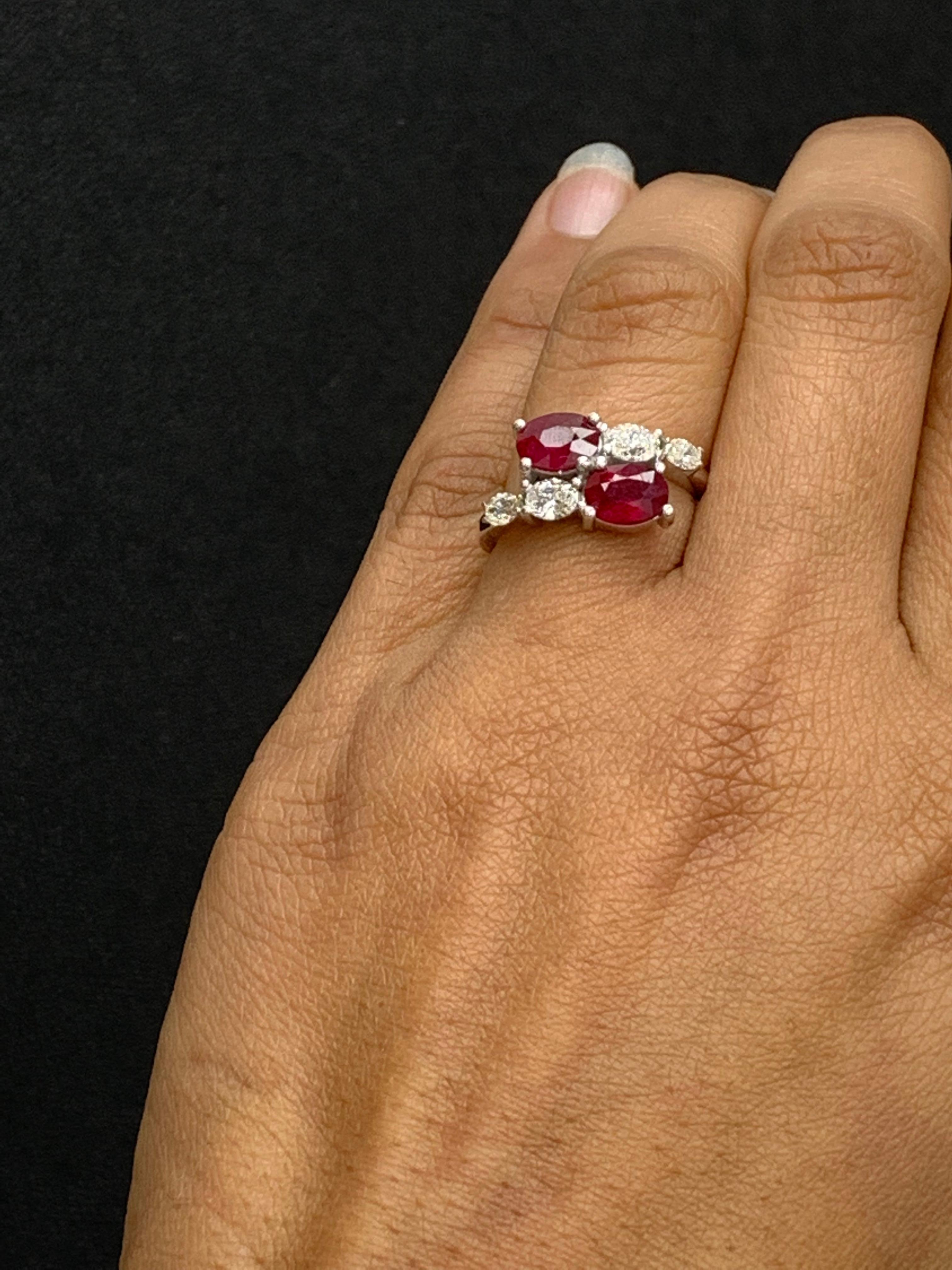 1.54 Carat Oval Cut Ruby Diamond Toi Et Moi Engagement Ring in 14K White Gold For Sale 3