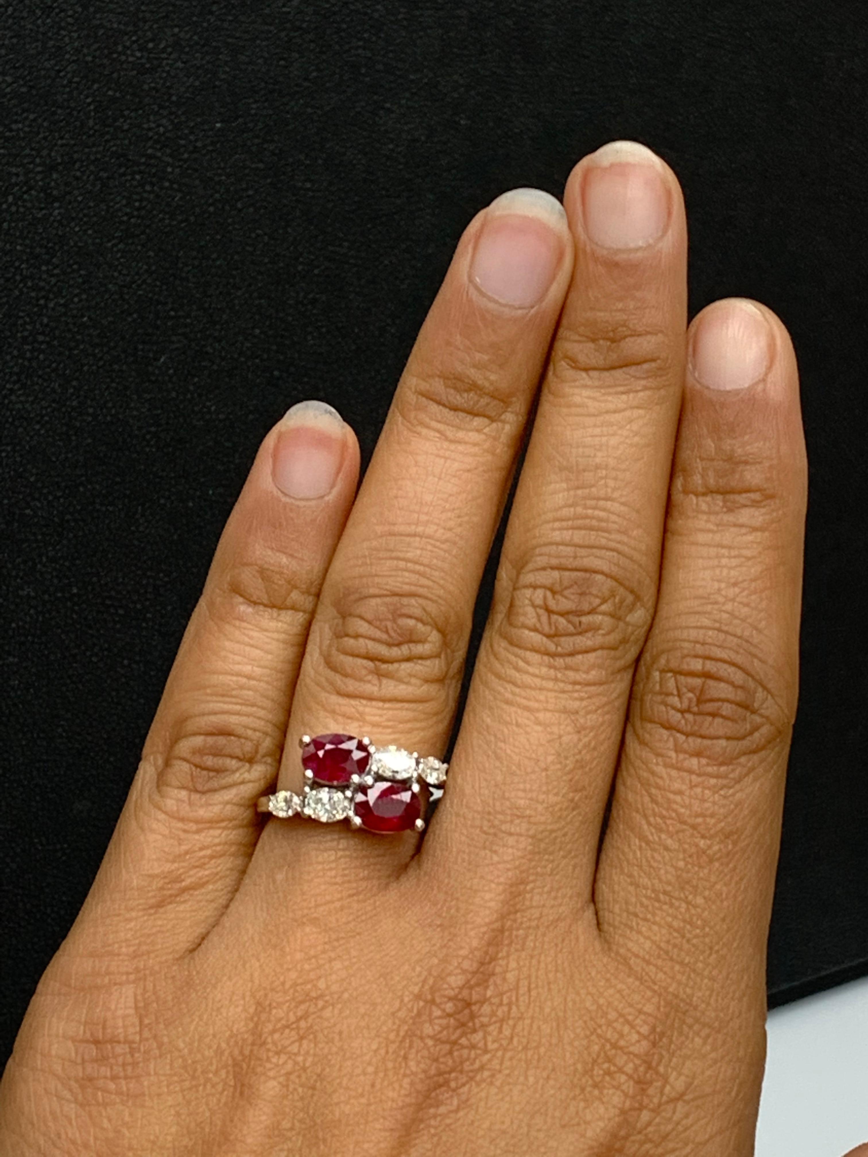 1.54 Carat Oval Cut Ruby Diamond Toi Et Moi Engagement Ring in 14K White Gold For Sale 6