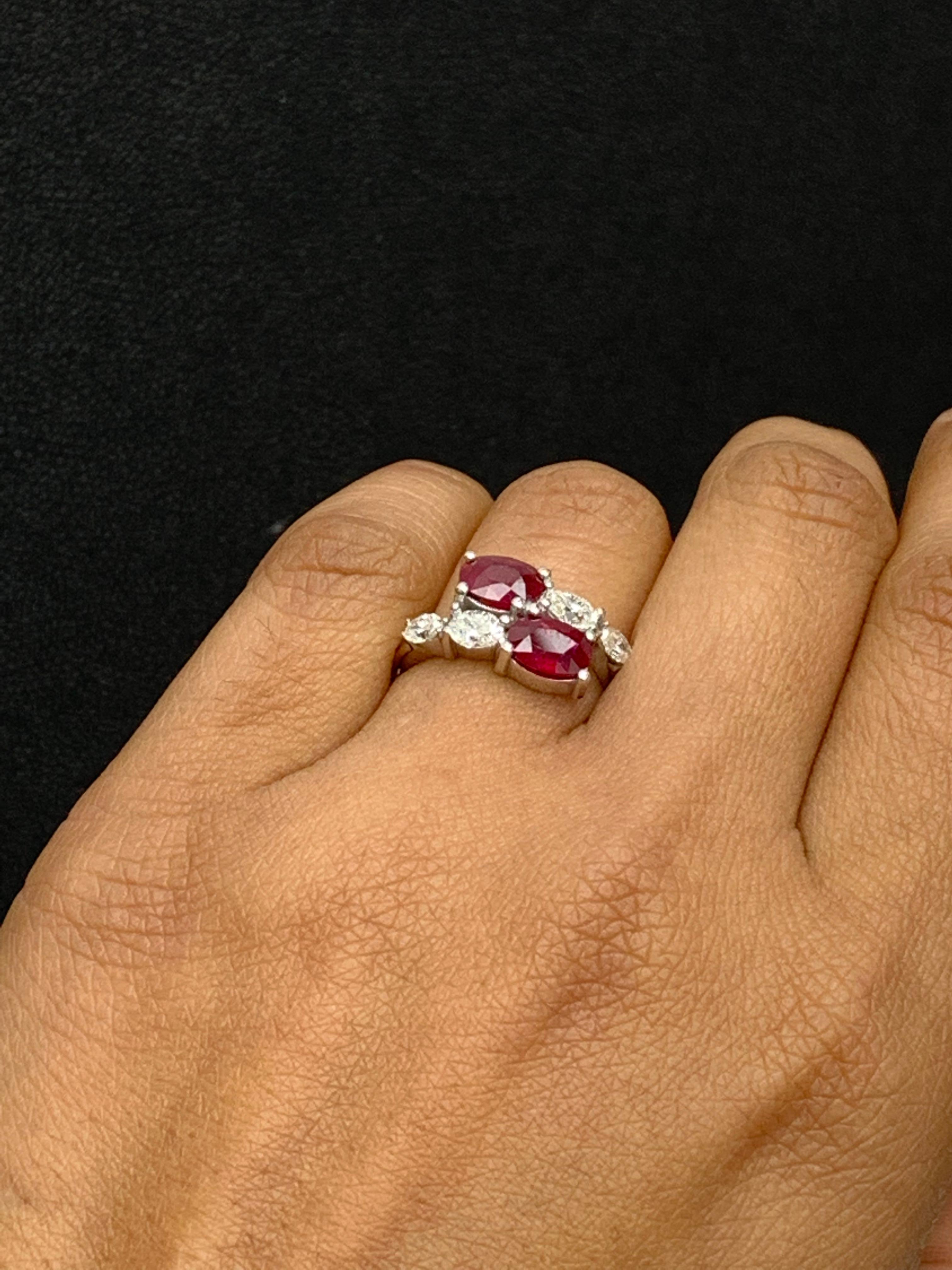 Modern 1.54 Carat Oval Cut Ruby Diamond Toi Et Moi Engagement Ring in 14K White Gold For Sale