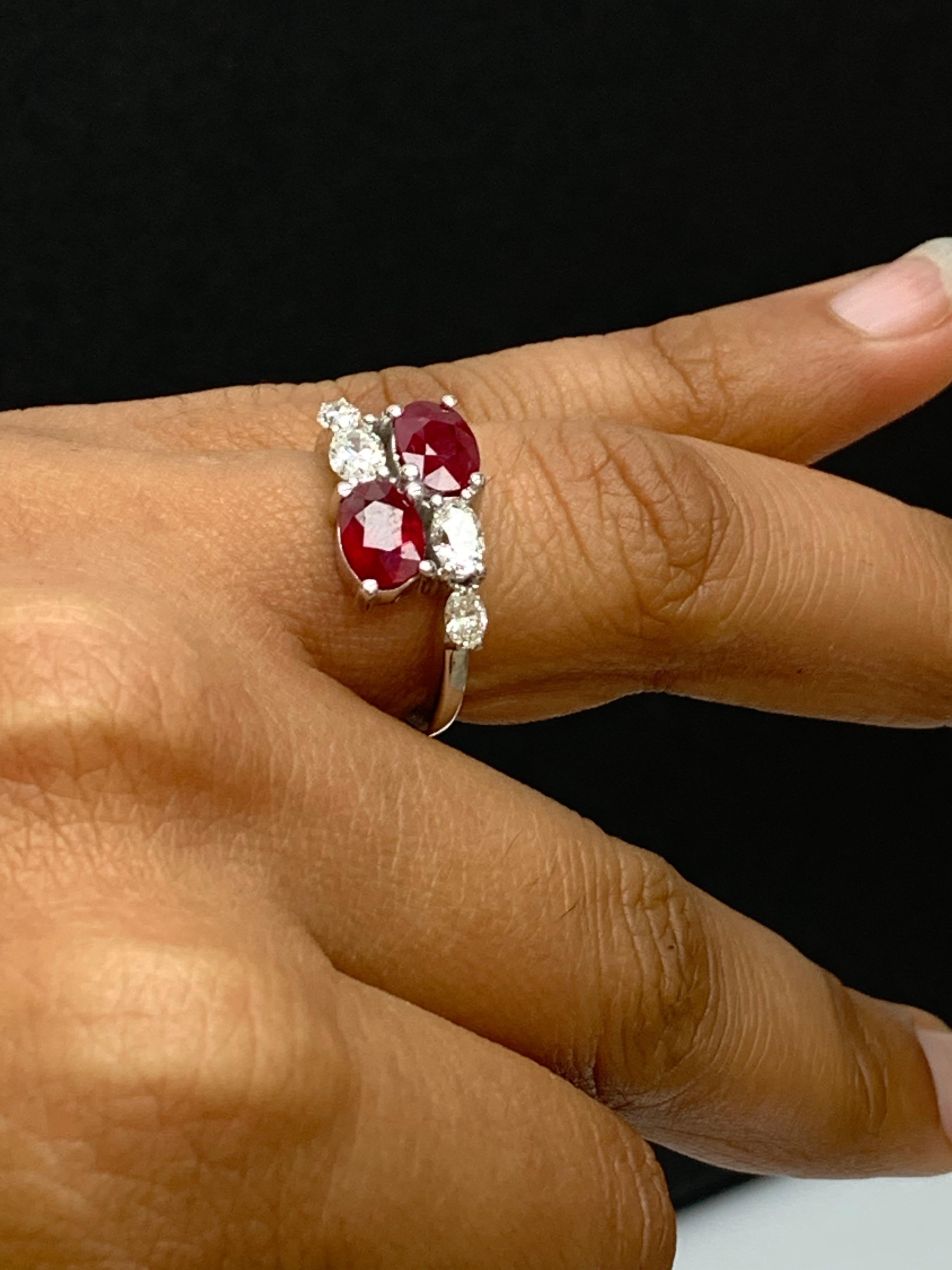 Women's 1.54 Carat Oval Cut Ruby Diamond Toi Et Moi Engagement Ring in 14K White Gold For Sale