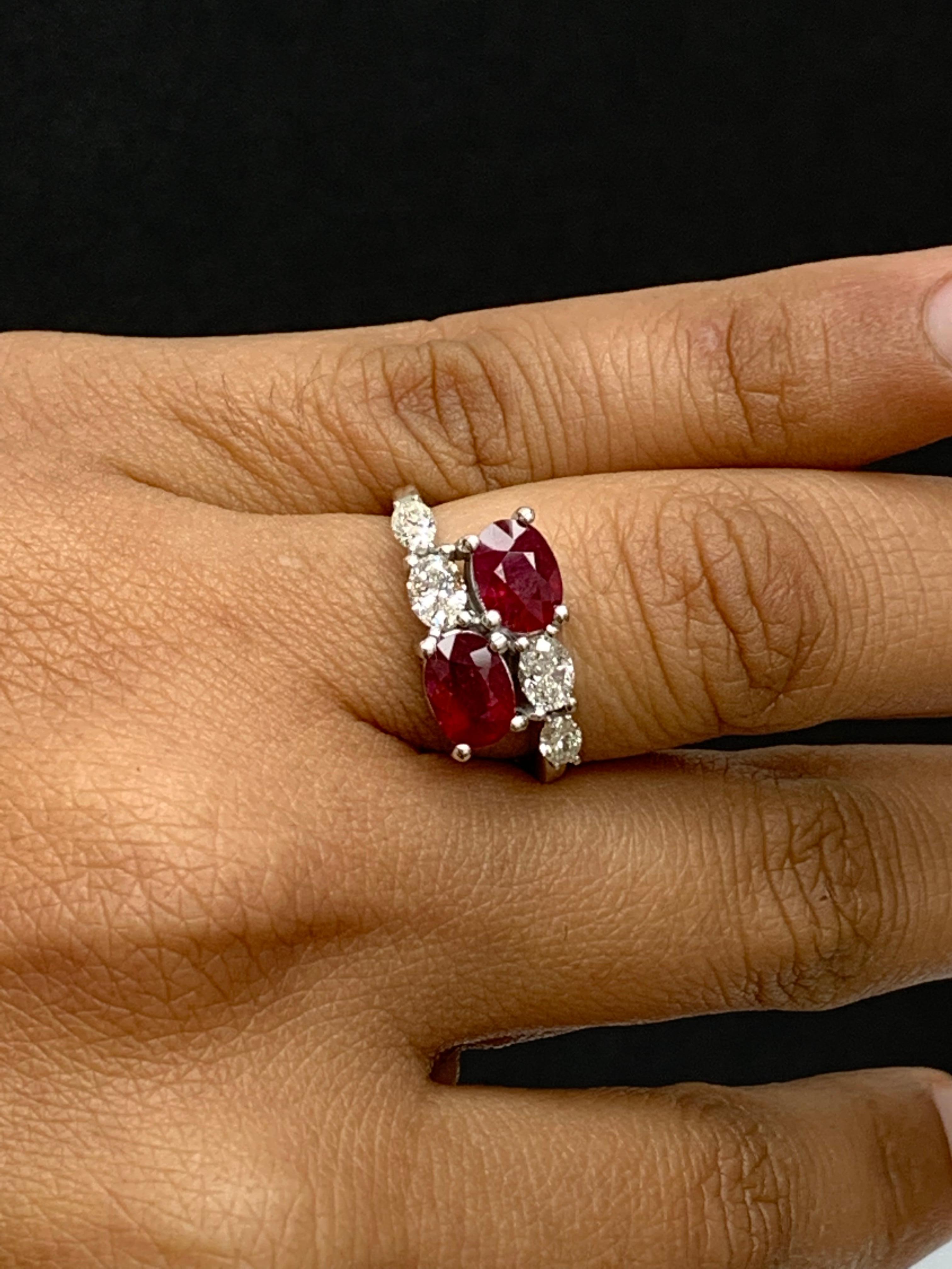 1.54 Carat Oval Cut Ruby Diamond Toi Et Moi Engagement Ring in 14K White Gold For Sale 1