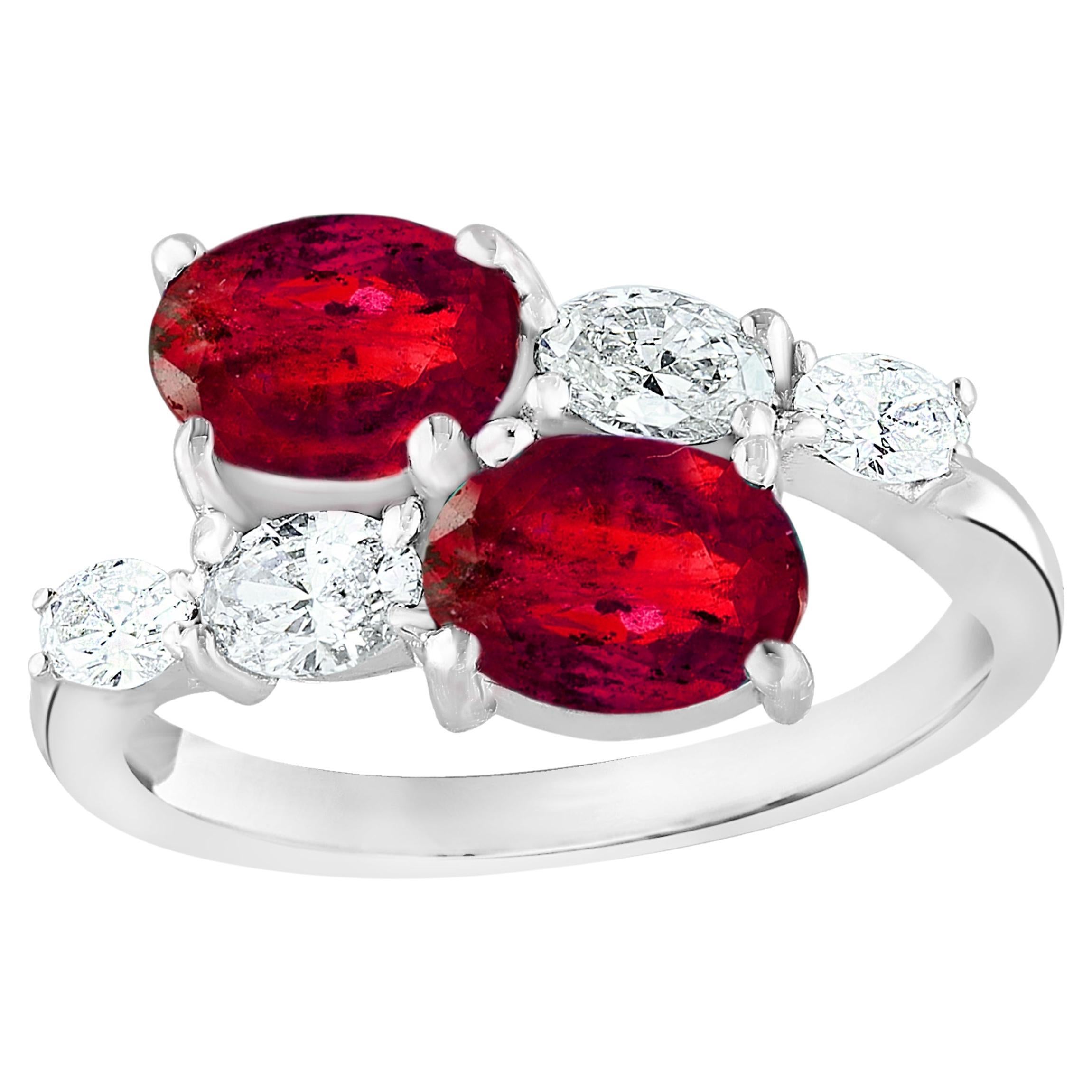 1.54 Carat Oval Cut Ruby Diamond Toi Et Moi Engagement Ring in 14K White Gold For Sale