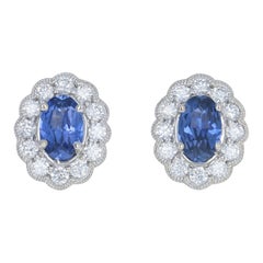 1.54 Carat Oval Cut Sapphire and Diamond Earrings, 14k Gold Pierced Halo Studs