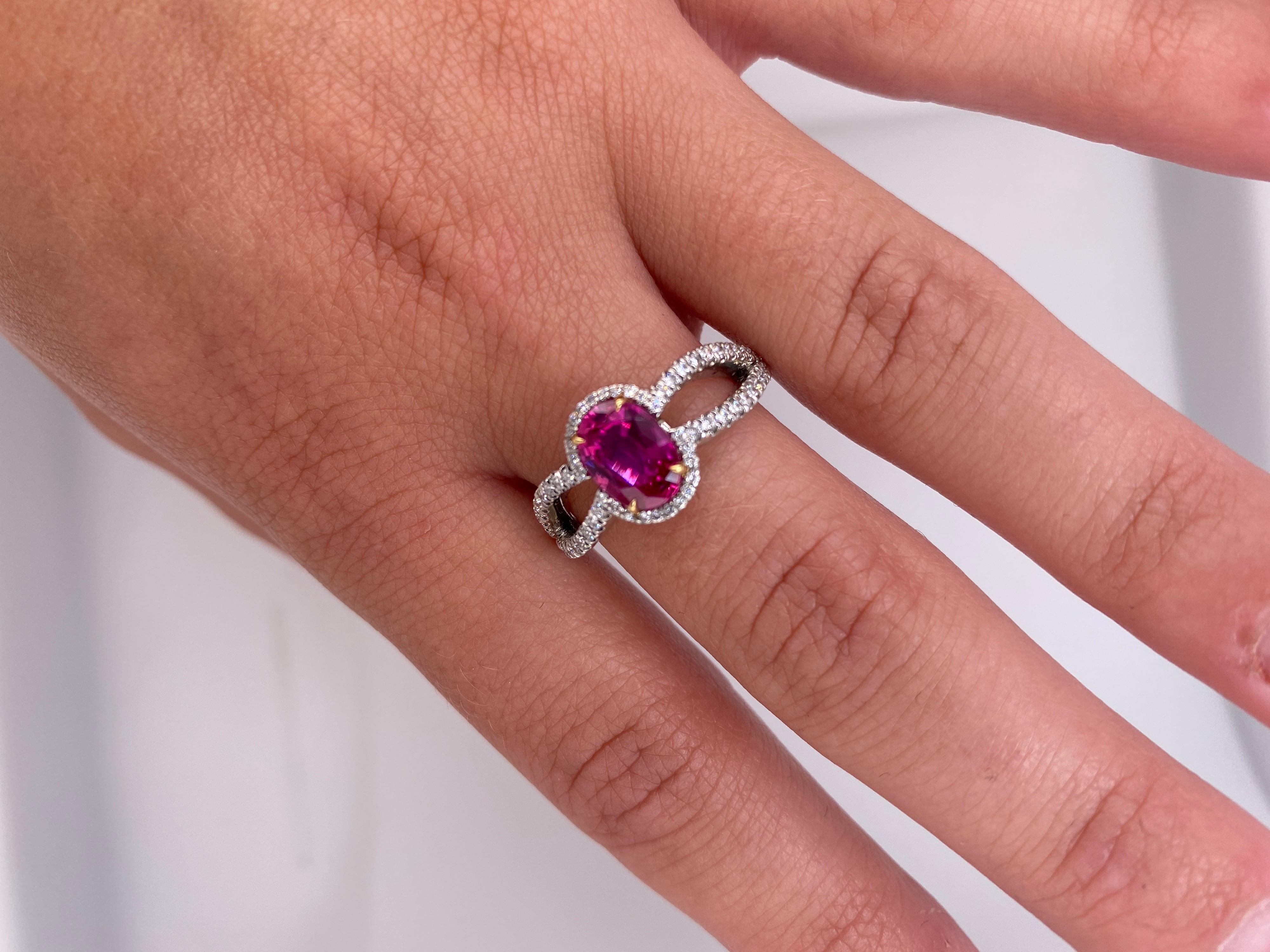 1.54 Carat Oval Ruby and Diamond Platinum Ring For Sale 1