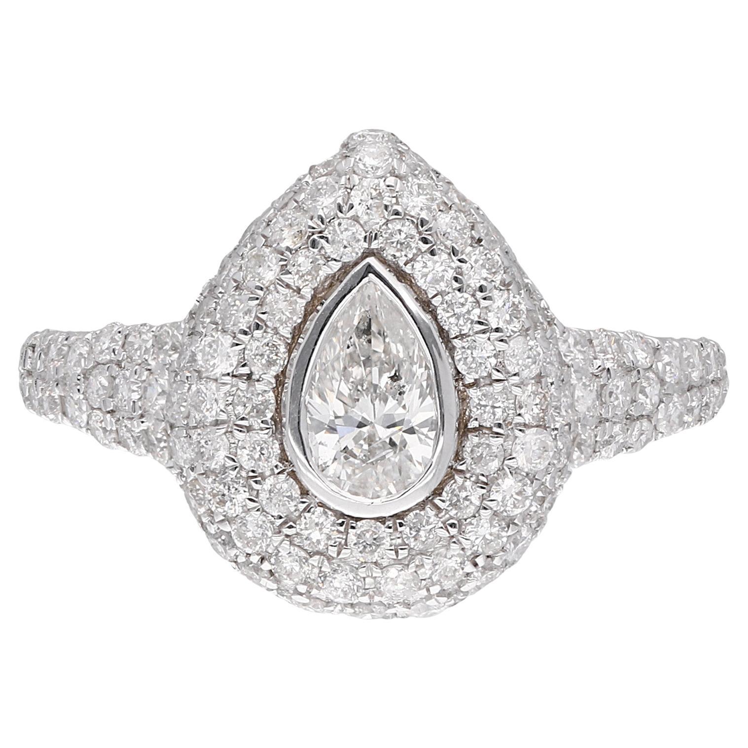 Bague cloutée en or blanc 18 carats avec diamant poire de 1,54 carat, faite à la main, bijouterie d
art