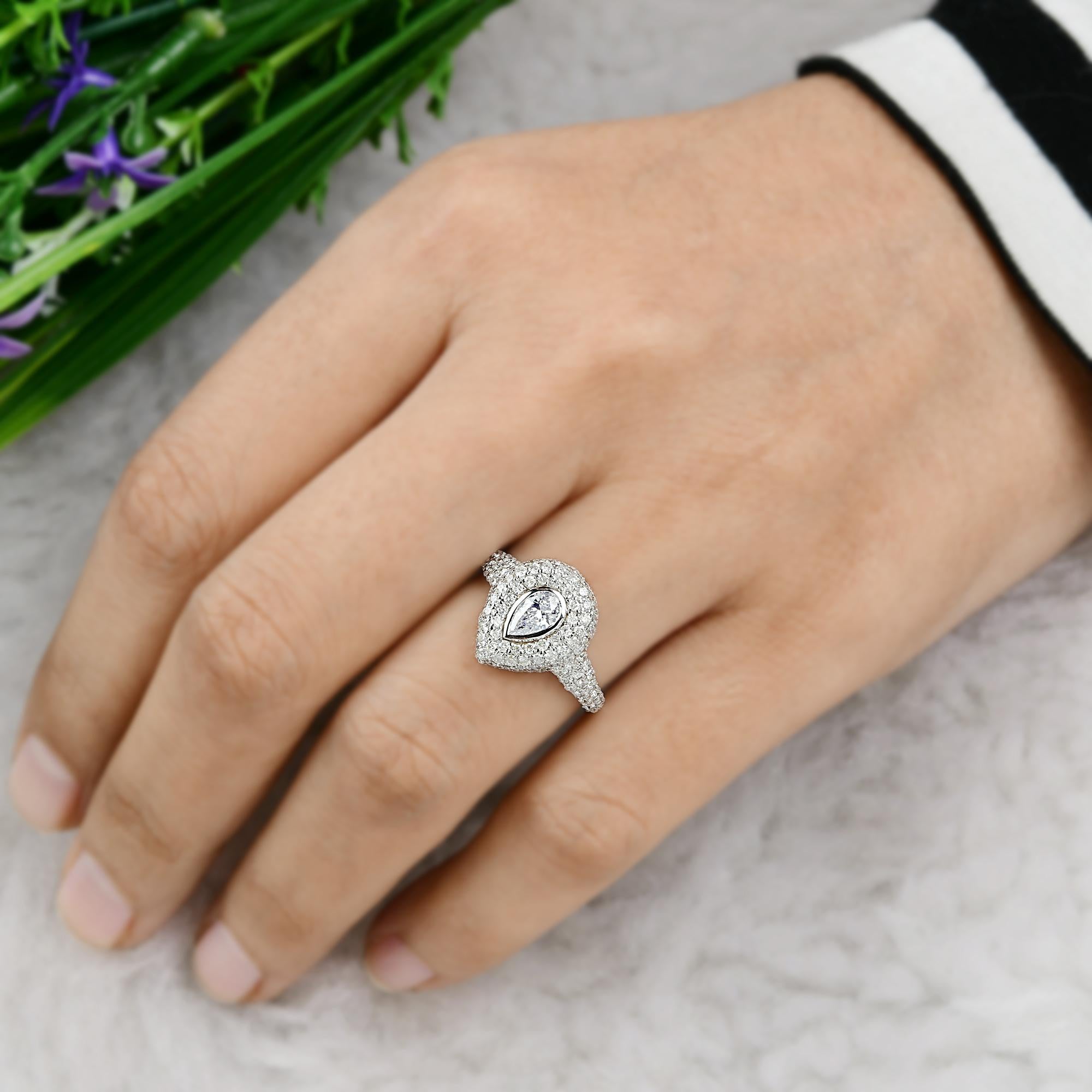 Pear Cut 1.54 Carat Pear Diamond Studded Ring 18 Karat White Gold Handmade Fine Jewelry For Sale