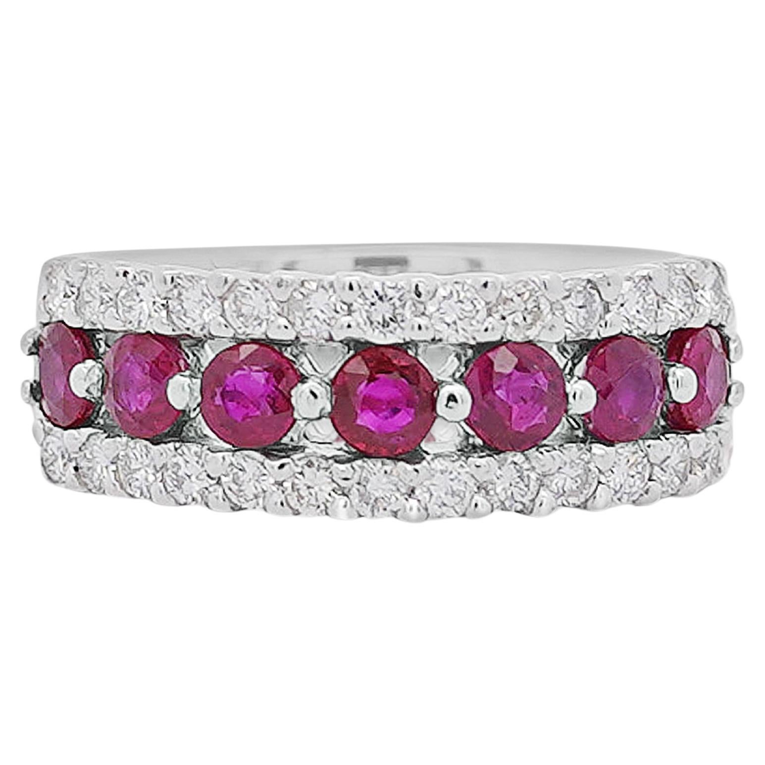 1.54 Carat Round Cut Ruby and Diamond Double-Row Eternity Band Ring