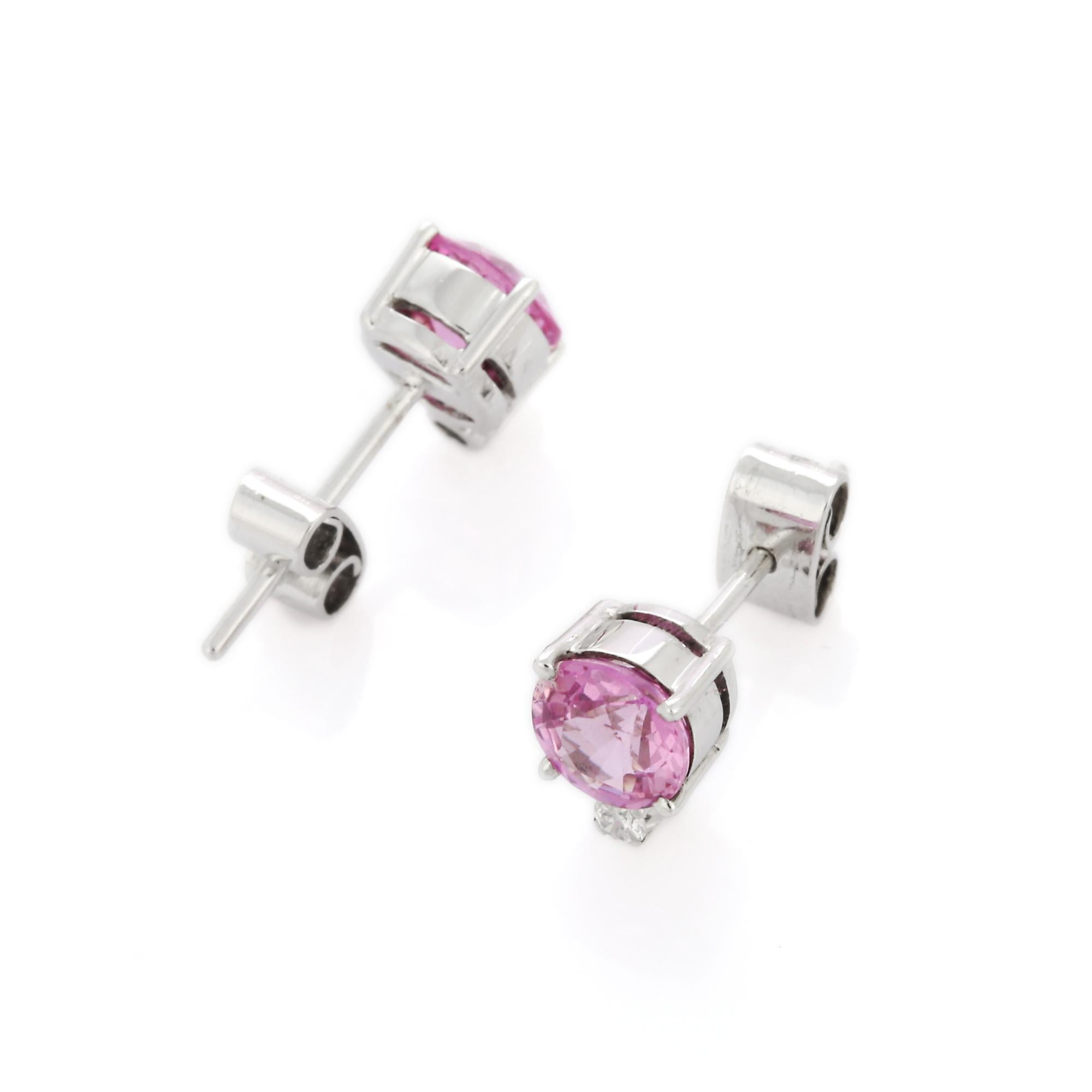Contemporary 1.54 Carat Round Pink Sapphire Stud Earring in 18K Solid White Gold with Diamond For Sale
