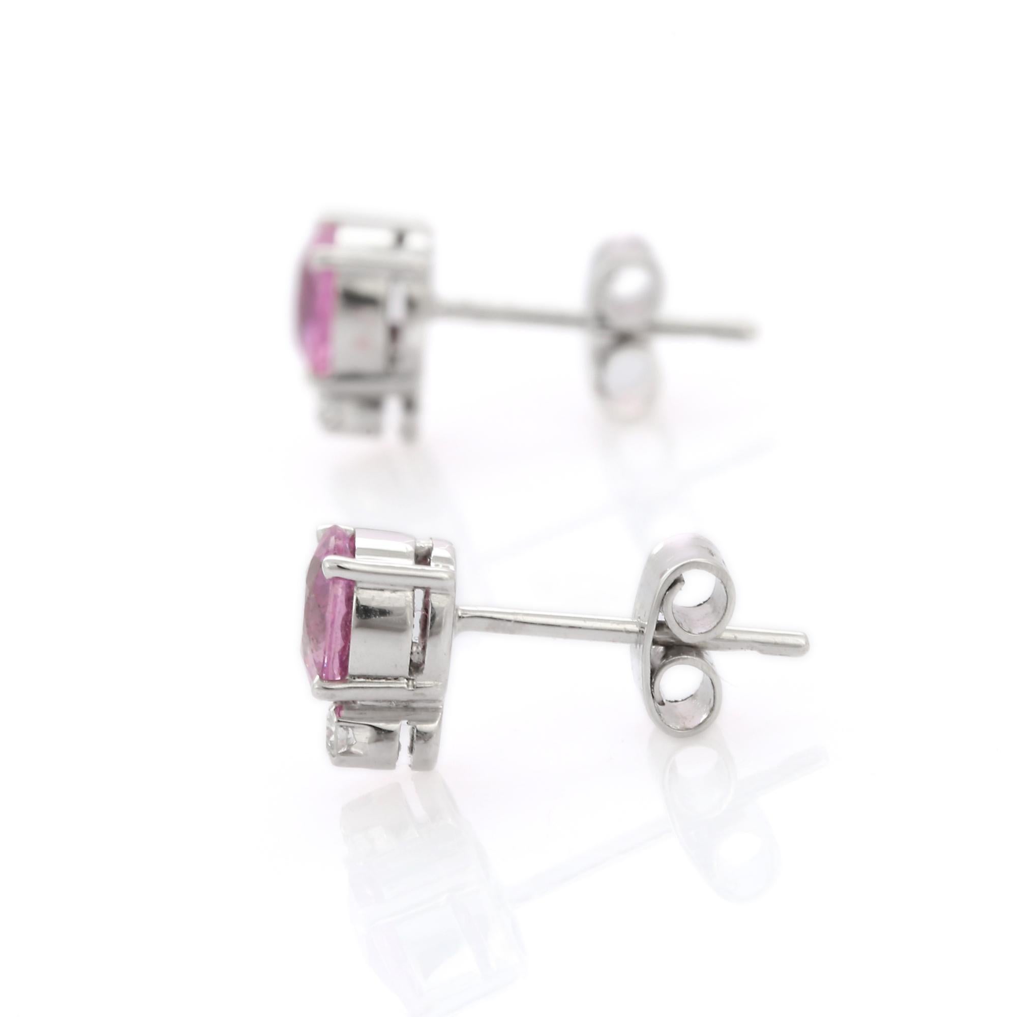 Round Cut 1.54 Carat Round Pink Sapphire Stud Earring in 18K Solid White Gold with Diamond For Sale