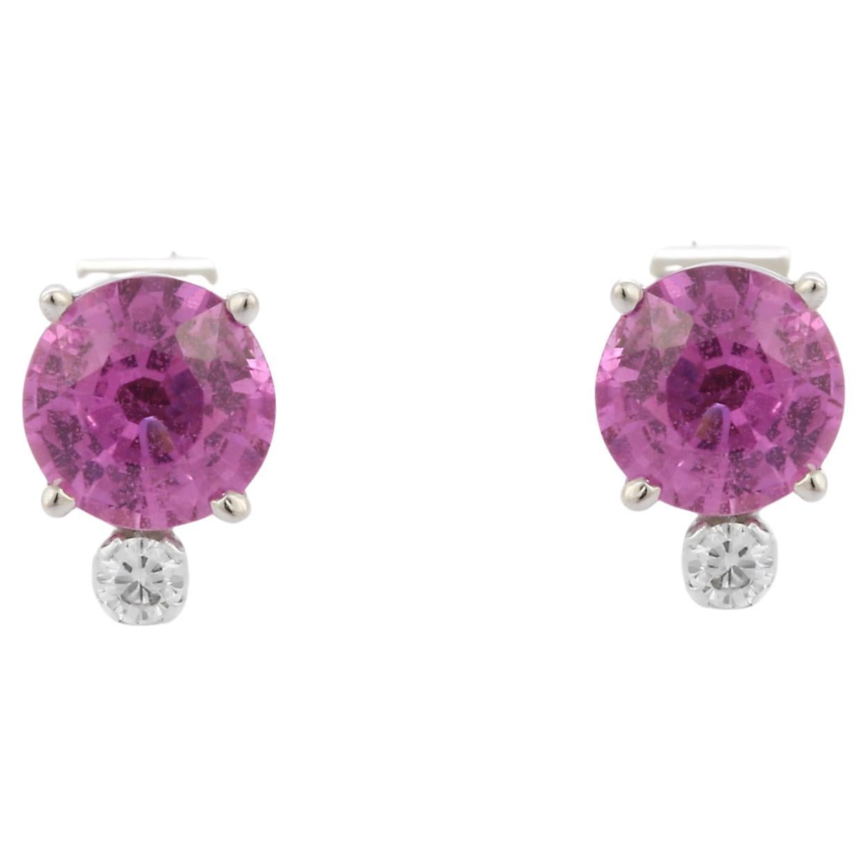 1.54 Carat Round Pink Sapphire Stud Earring in 18K Solid White Gold with Diamond For Sale