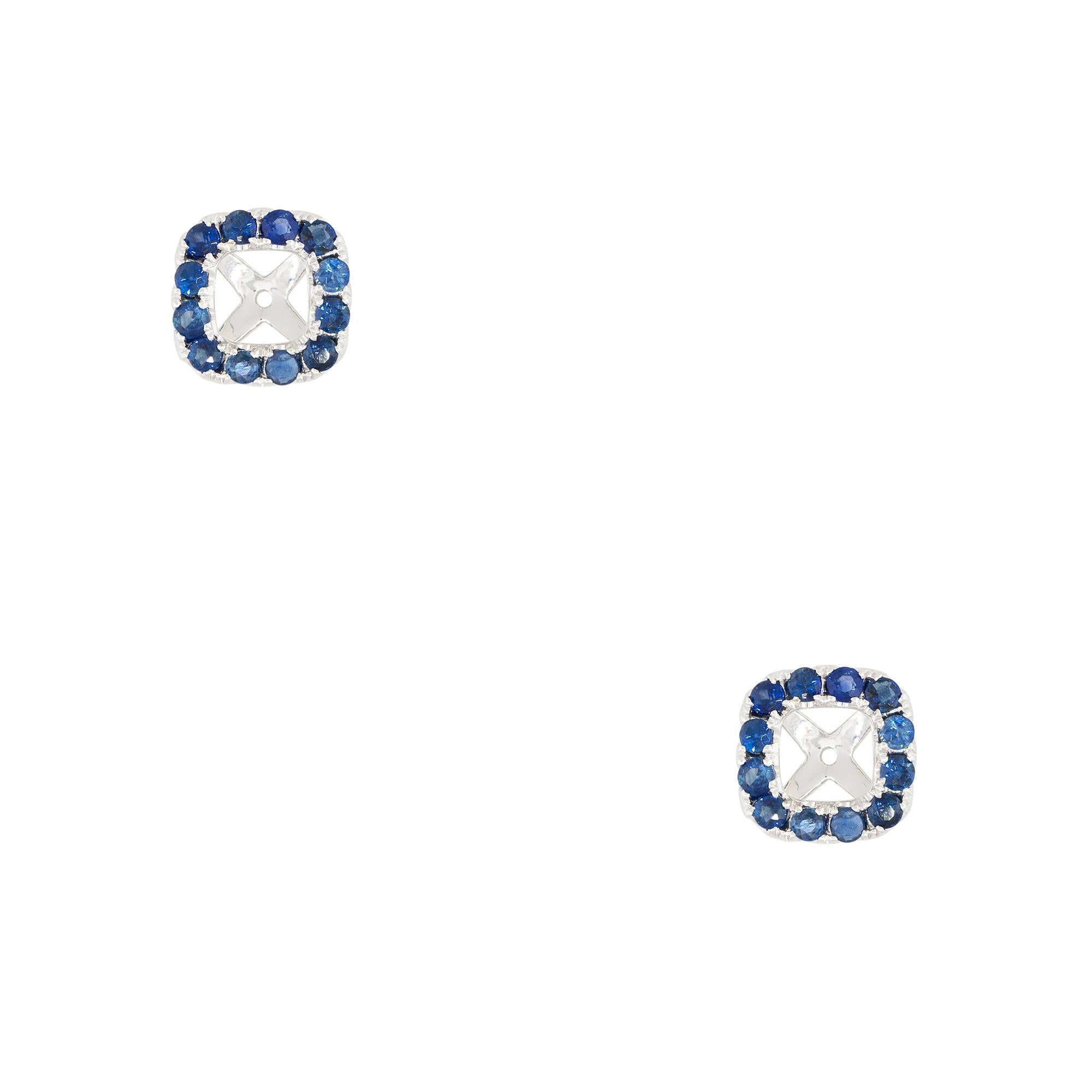 18k White Gold 1.54ctw Sapphire Stud Earring Jackets
Material: Stud Jackets- 18k White Gold
Gemstone/Earring Jacket Details: Approximately 1.54ctw of Sapphire Gemstones. There are 12 Gemstones in each jacket, 24 stones total
Dimensions: Jacket
