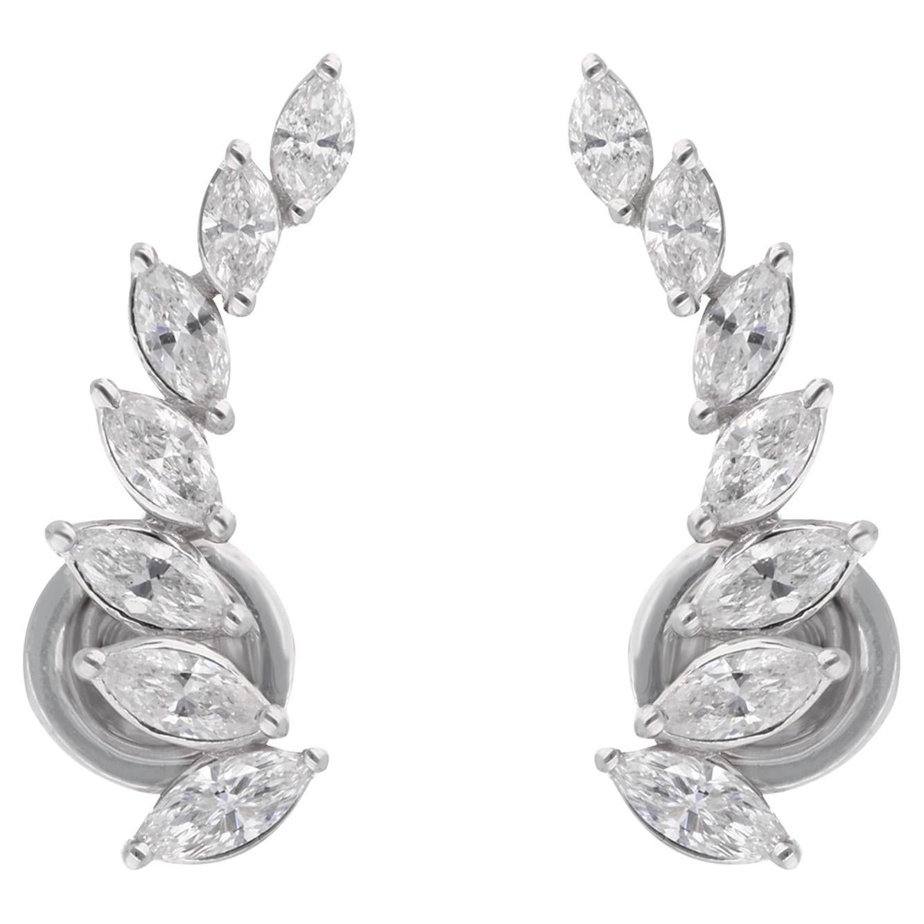 1.54 Carat SI/H Diamond Ear Climber Stud Earrings 18 Karat White Gold Jewelry For Sale