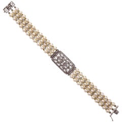 Antique 1.54 Carat Three-Row Cultured Pearl Diamond Gold Bracelet