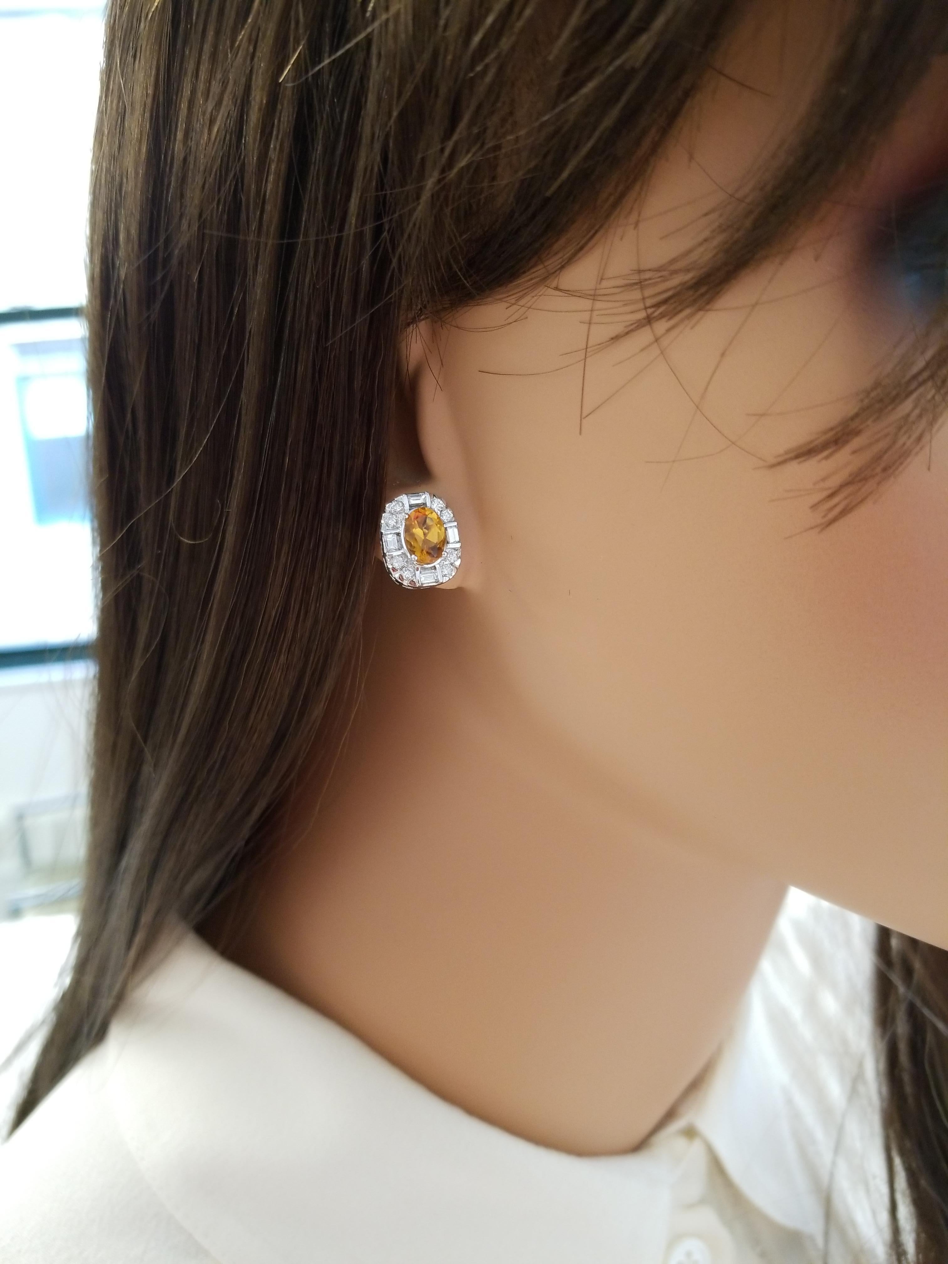 Contemporary 1.54 Carat Total Cushion Cut Citrine and Diamond Earrings in 14 Karat White Gold