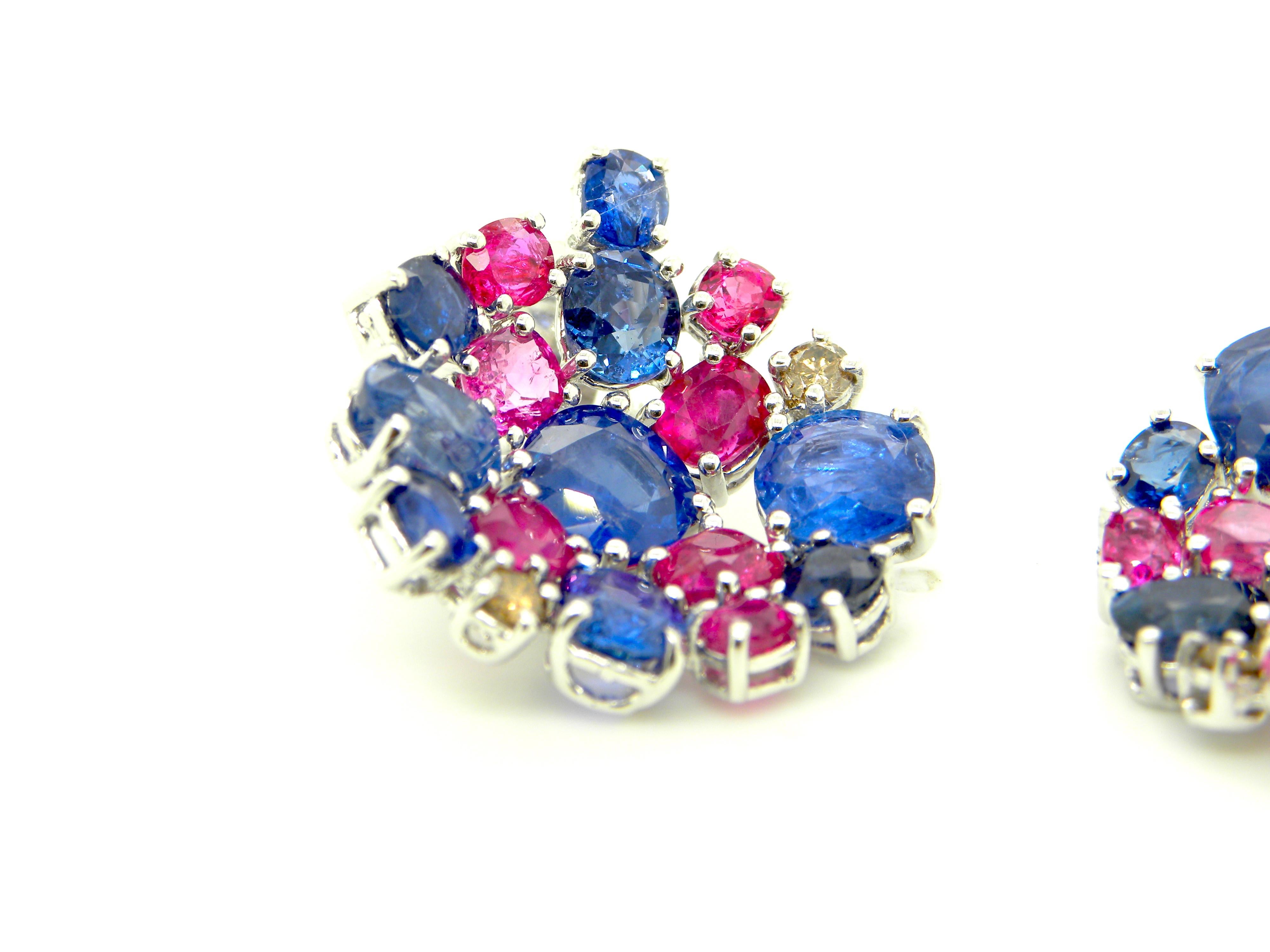 15.4 Carat Unheated Burmese Ruby and Blue Sapphire White Gold Cluster Earrings 2