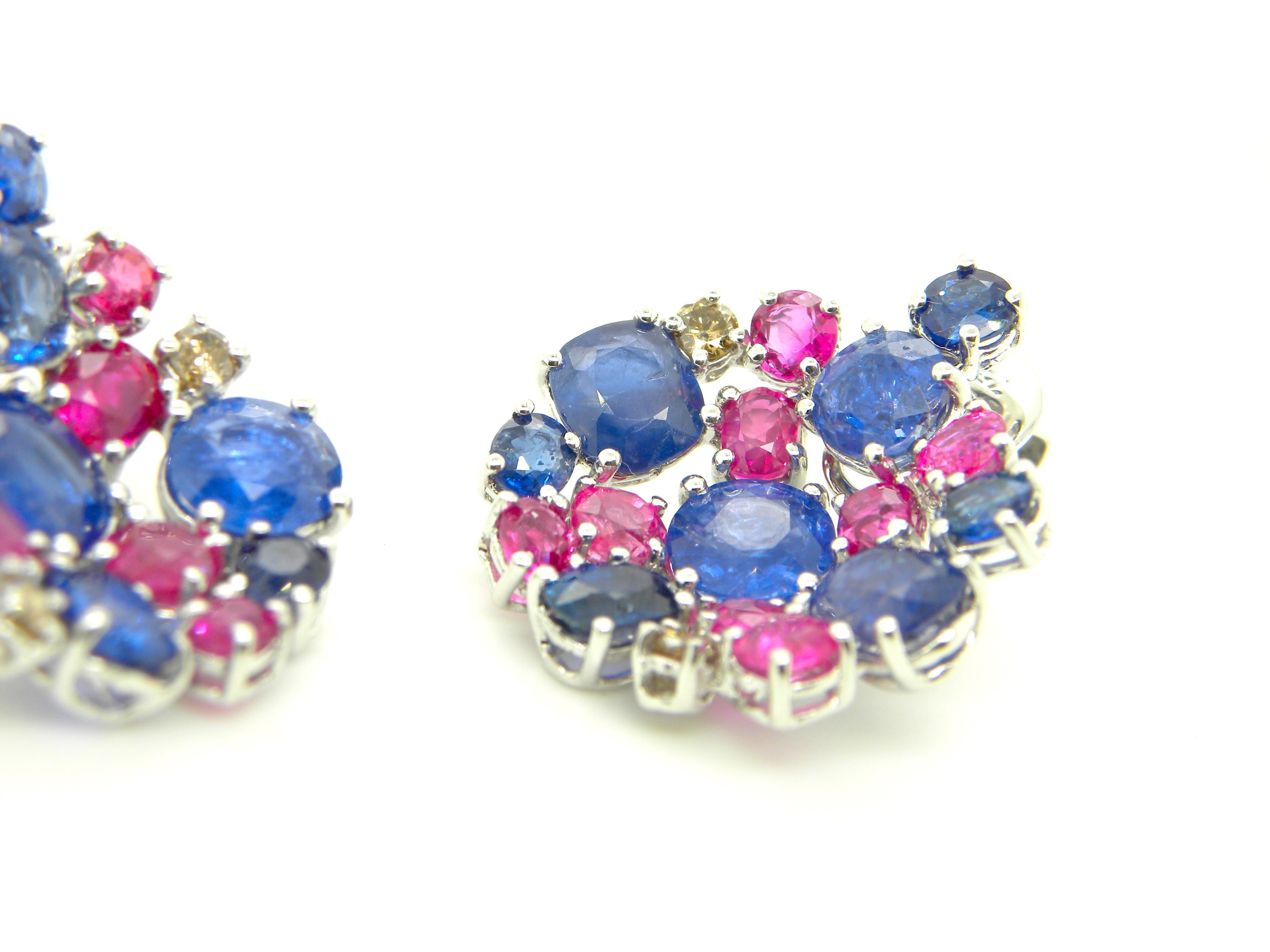 15.4 Carat Unheated Burmese Ruby and Blue Sapphire White Gold Cluster Earrings 3