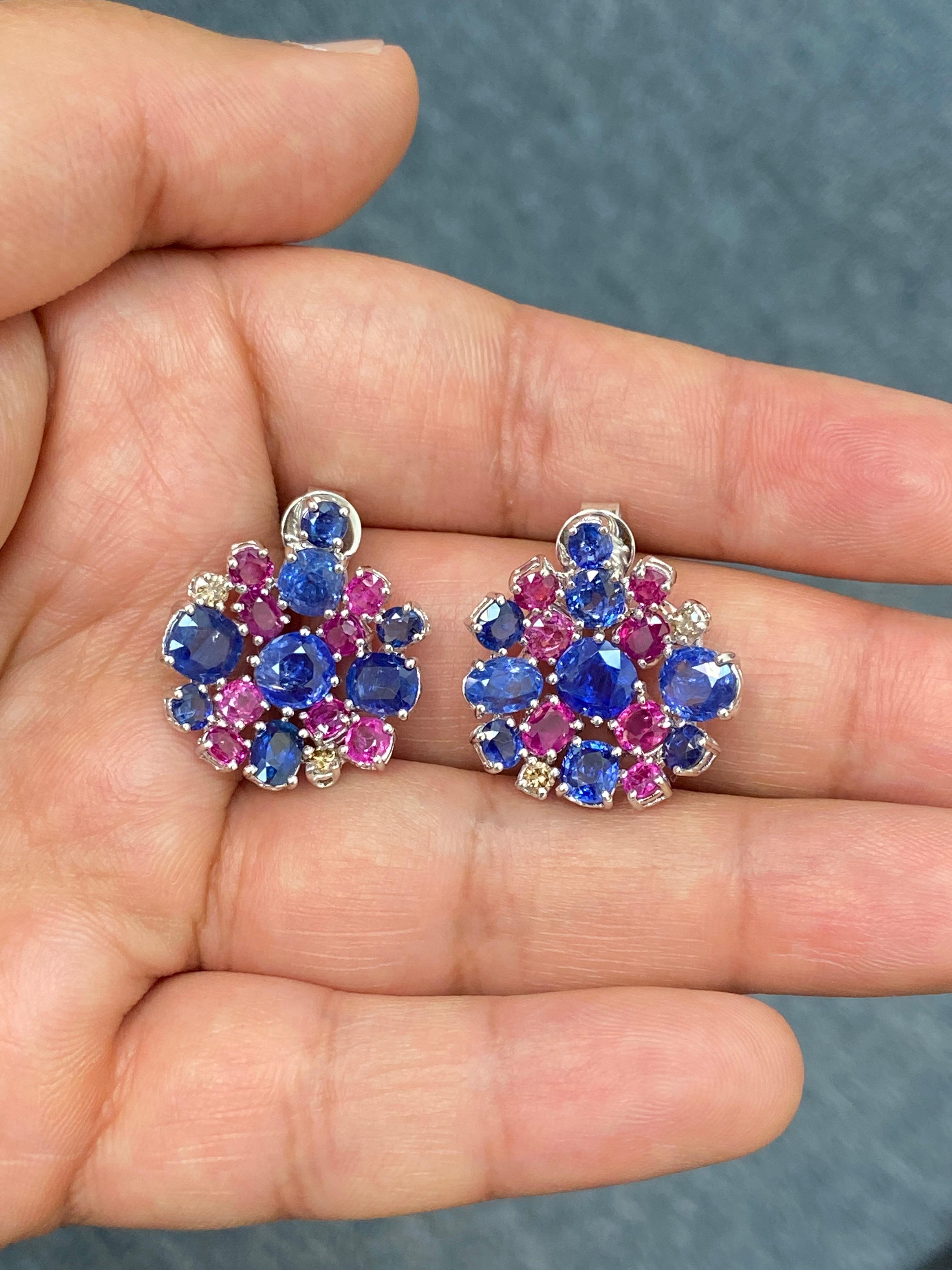 15.4 Carat Unheated Burmese Ruby and Blue Sapphire White Gold Cluster Earrings 4