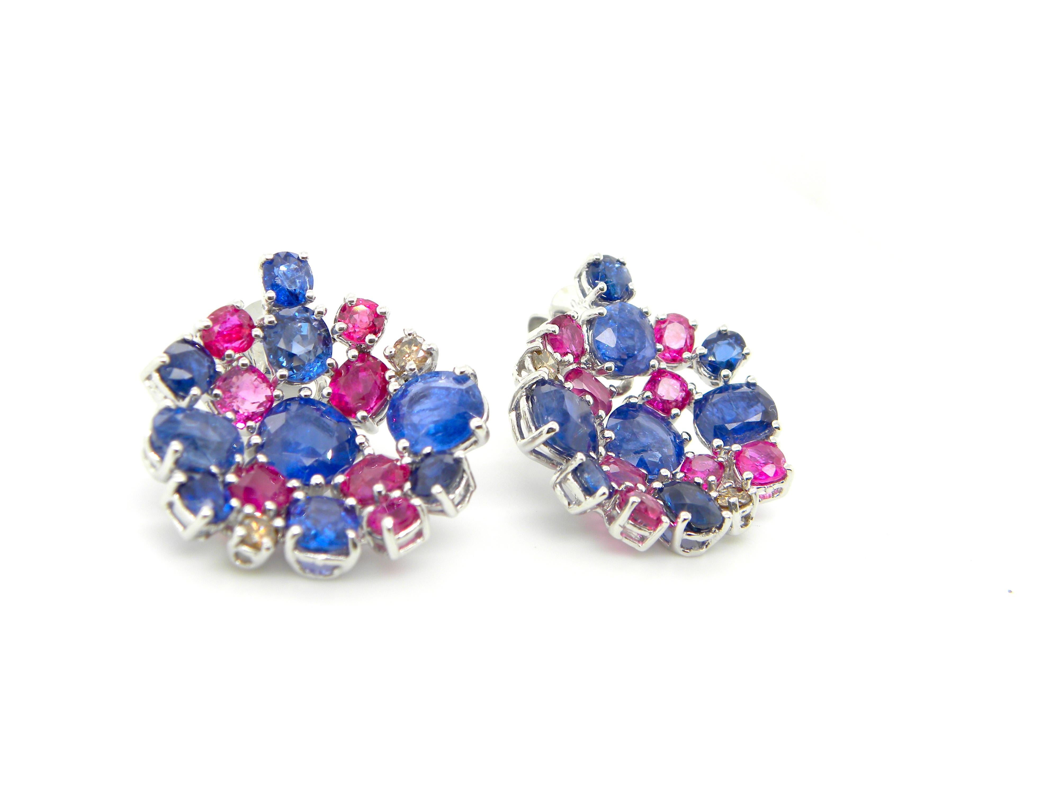 Contemporary 15.4 Carat Unheated Burmese Ruby and Blue Sapphire White Gold Cluster Earrings