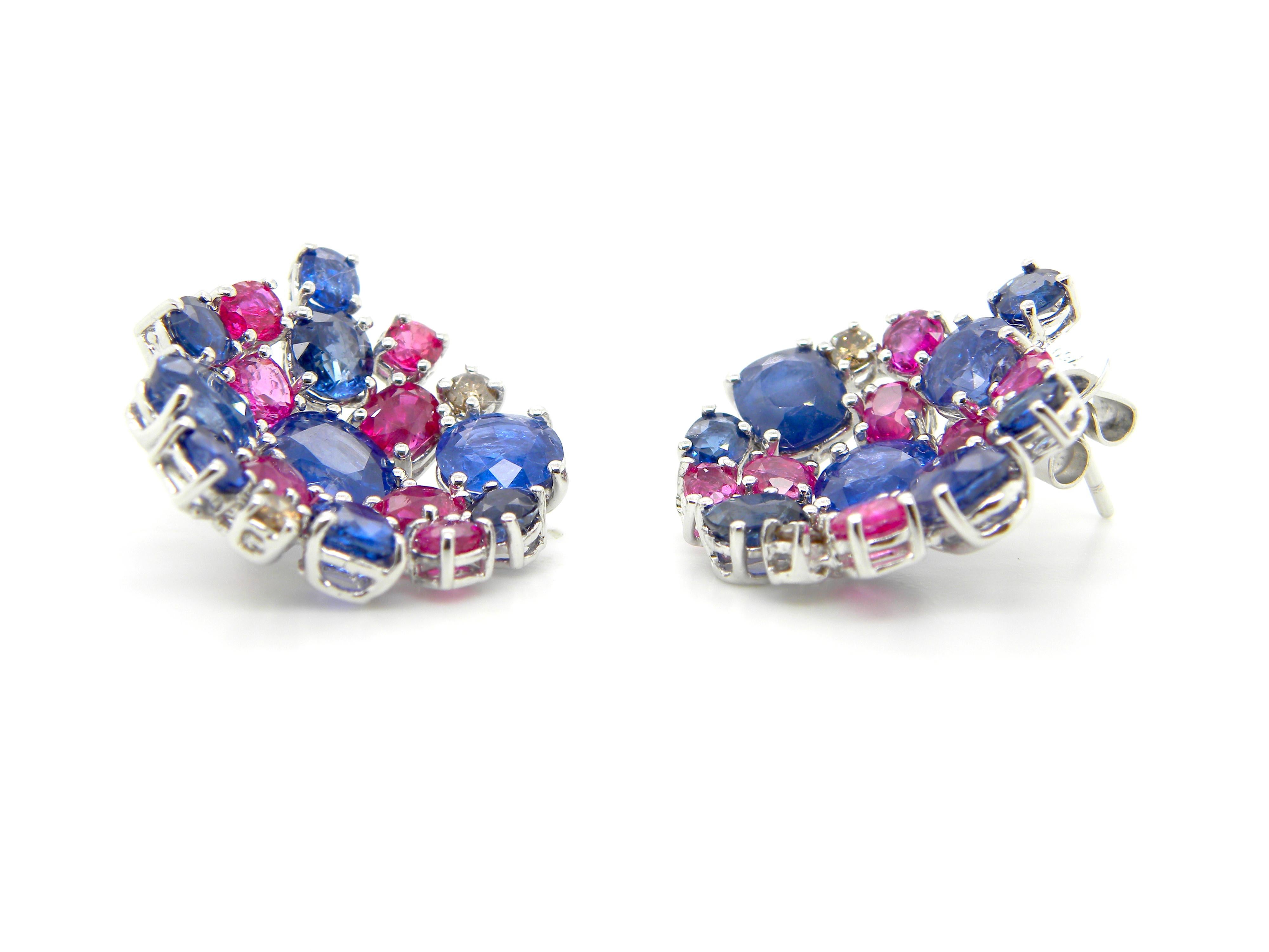 Women's or Men's 15.4 Carat Unheated Burmese Ruby and Blue Sapphire White Gold Cluster Earrings