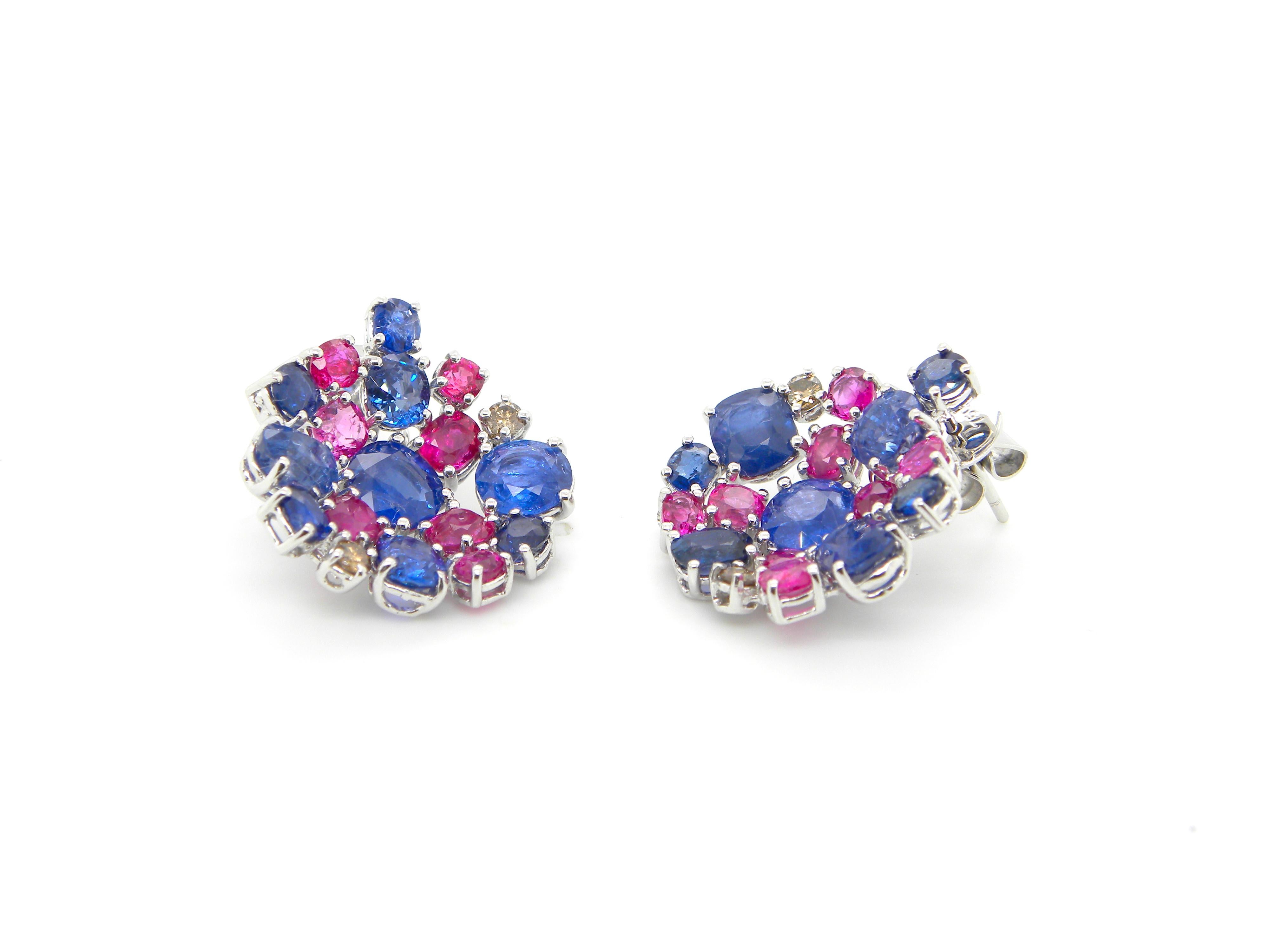 15.4 Carat Unheated Burmese Ruby and Blue Sapphire White Gold Cluster Earrings 1