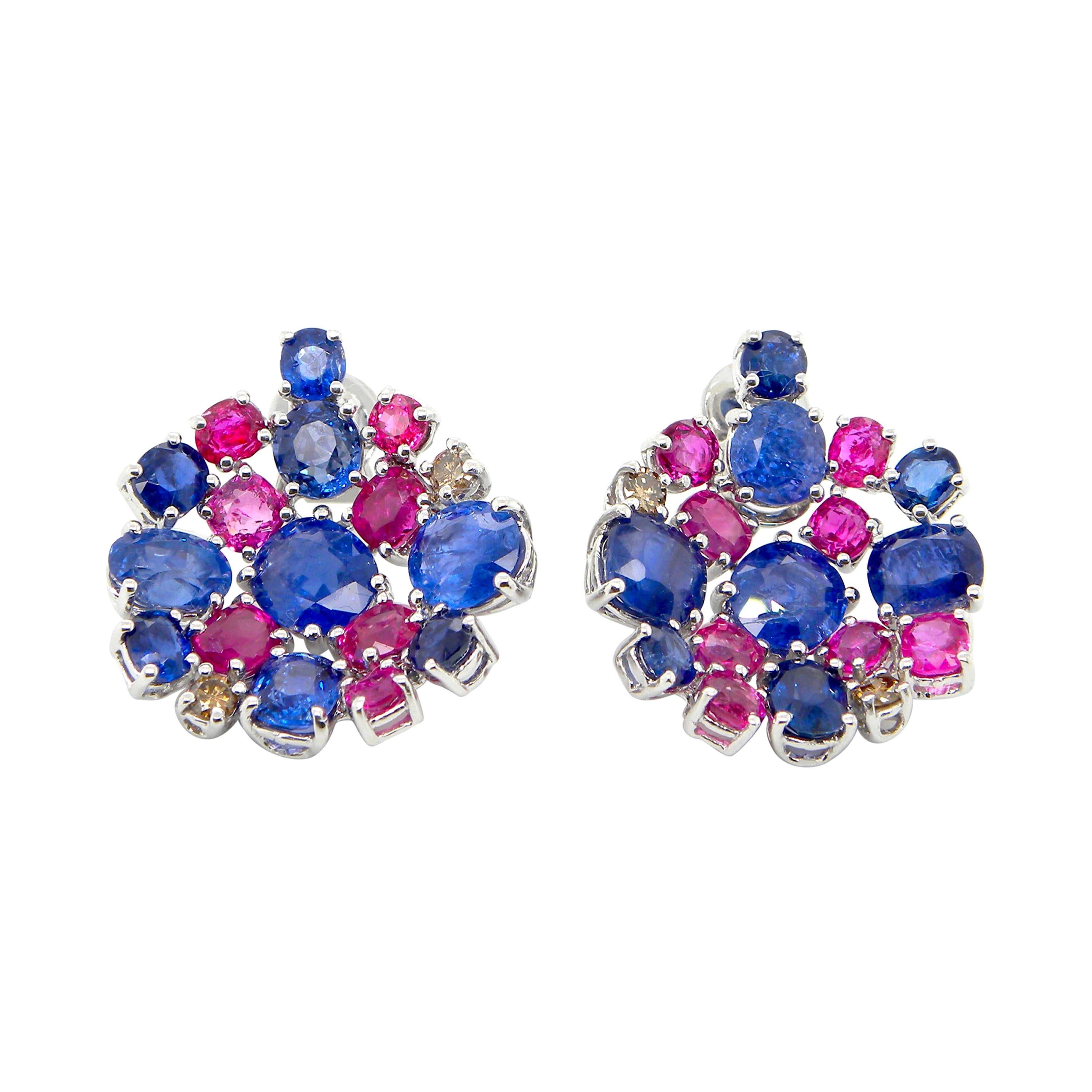 15.4 Carat Unheated Burmese Ruby and Blue Sapphire White Gold Cluster Earrings