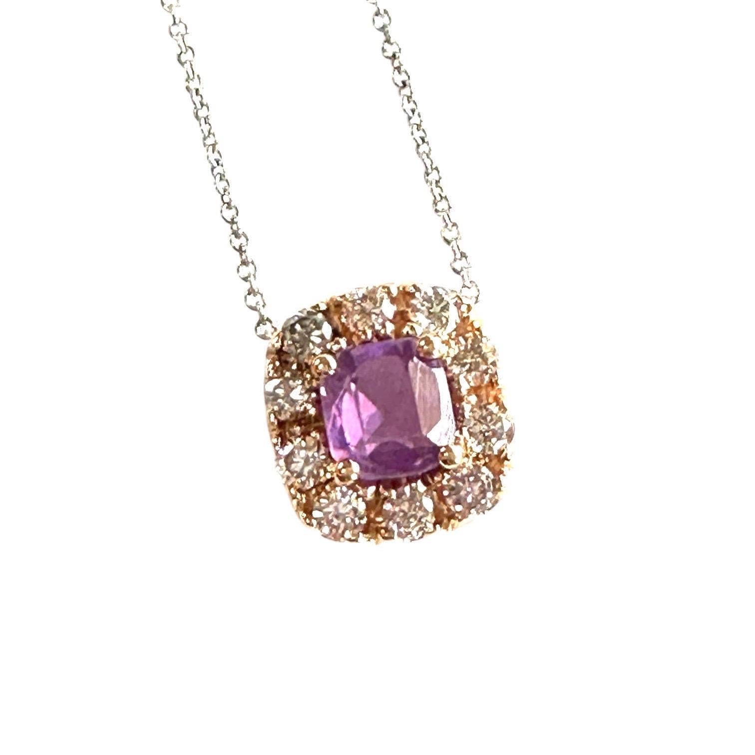 1.54 Carat Unheated Pink Sapphire and Diamond Halo Necklace, GIA-certified In Excellent Condition For Sale In Laguna Hills, CA