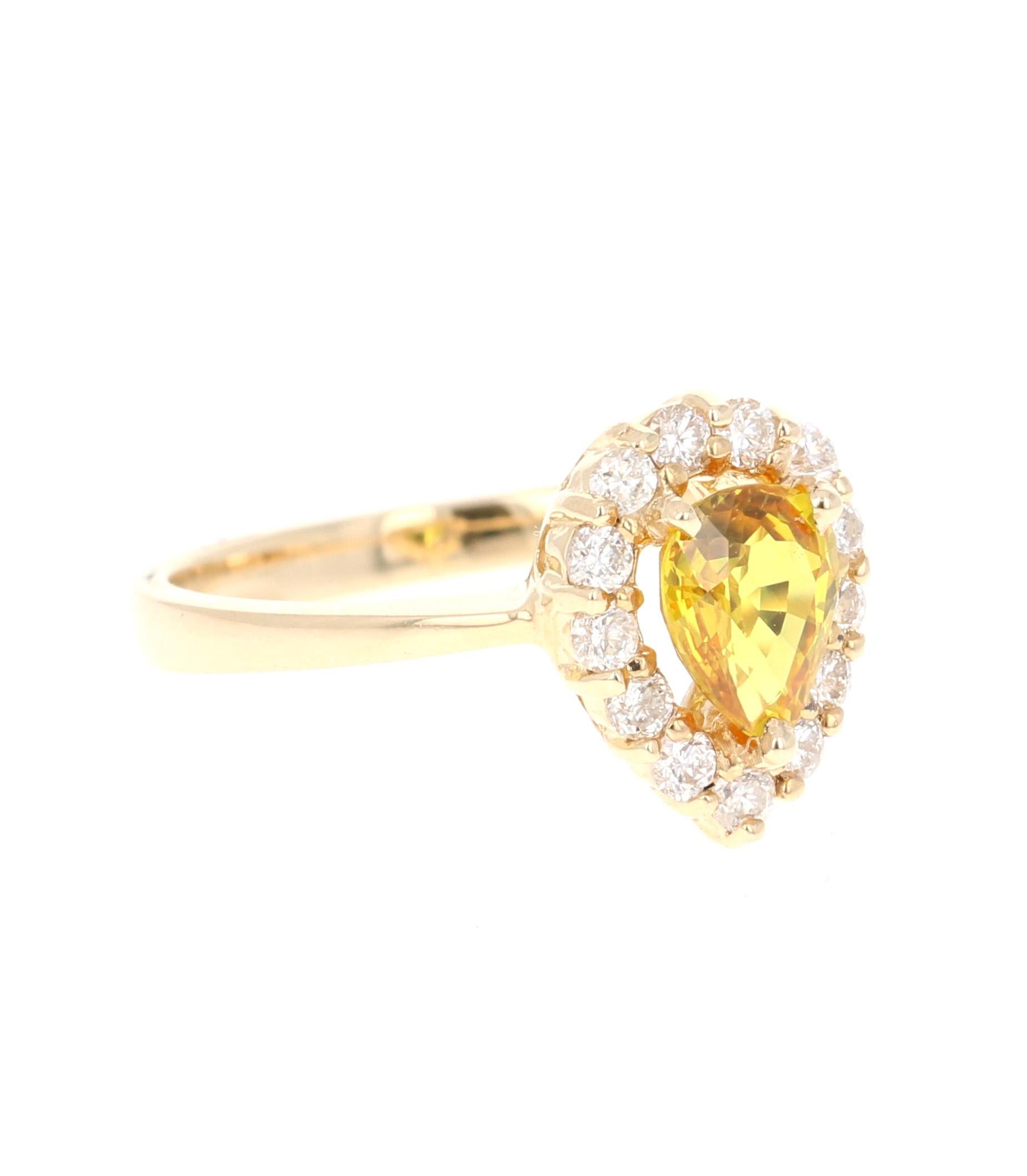 Simple Yellow Sapphire Ballerina Style Ring! 

This beautiful ring has a Pear Cut Yellow Sapphire that weighs 1.17 Carats. The beautiful Sapphire is a deep yellow and has been heated with the industry standards that most sapphires are. It has 13