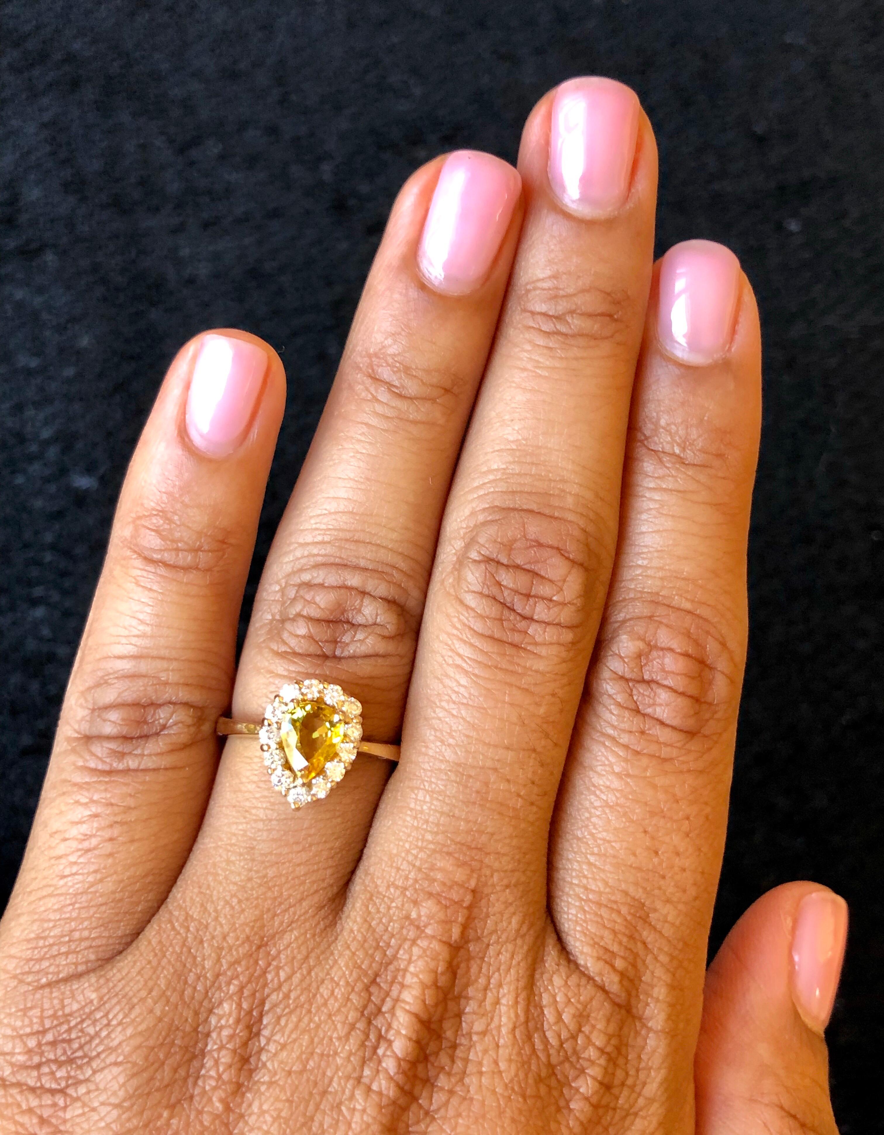 Pear Cut 1.54 Carat Yellow Sapphire and Diamond 14 Karat Yellow Gold Ring
