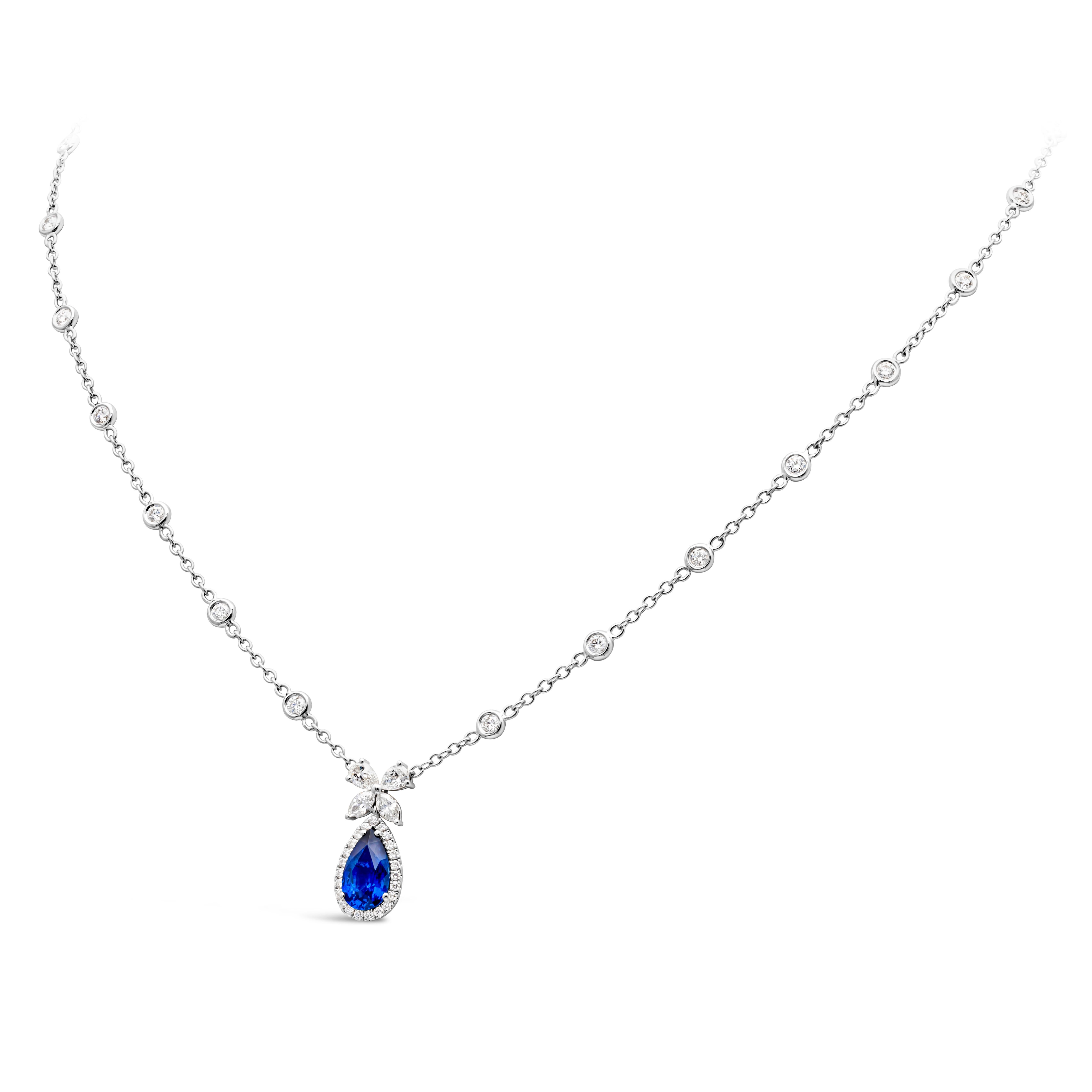 Contemporary 1.54 Carats Pear Shape Blue Sapphire and Mixed Diamond Pendant Necklace For Sale