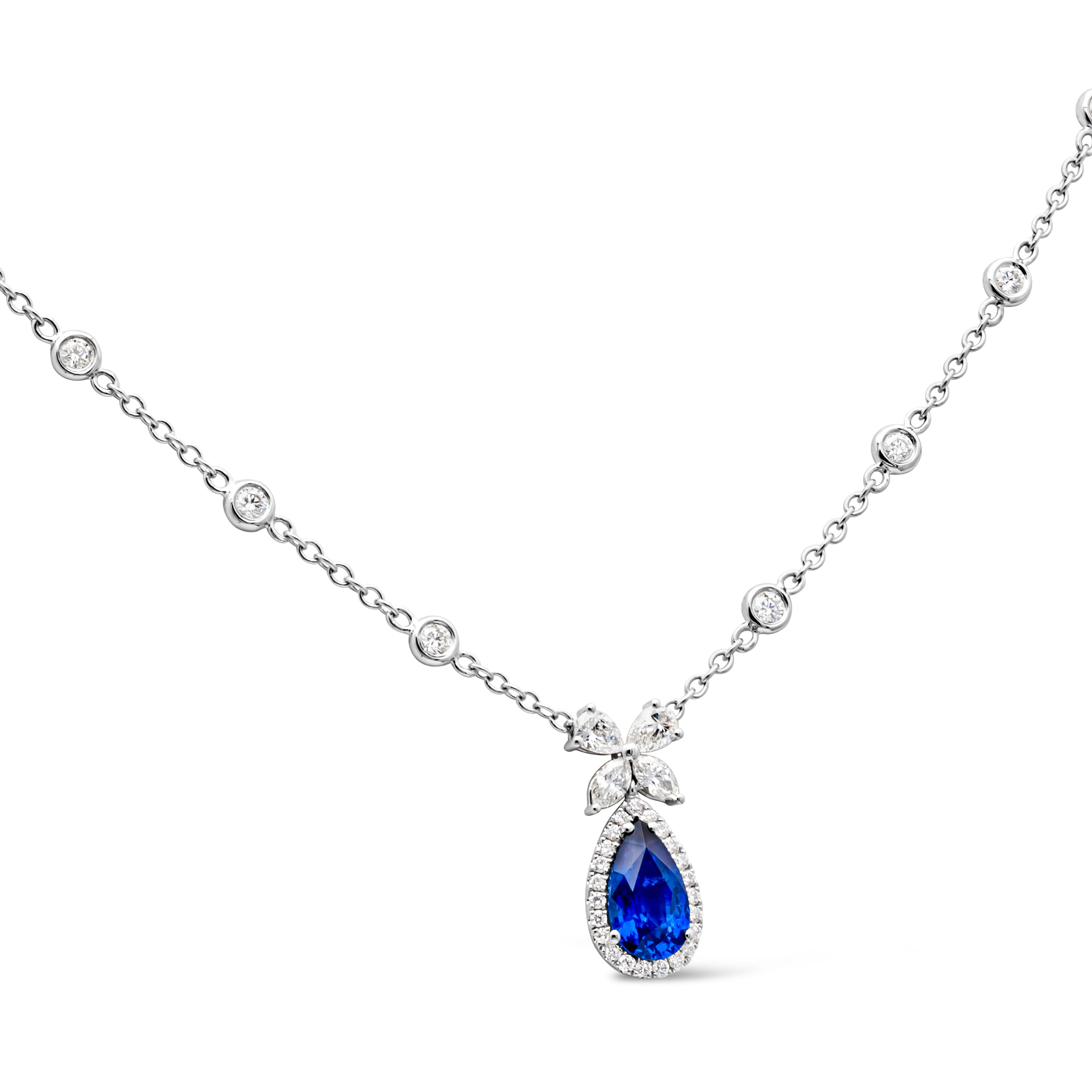 Pear Cut 1.54 Carats Pear Shape Blue Sapphire and Mixed Diamond Pendant Necklace For Sale