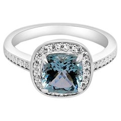 Used 1.54 Ct Aquamarine Halo Solitaire Ring 925 Sterling Silver Engagement Ring 